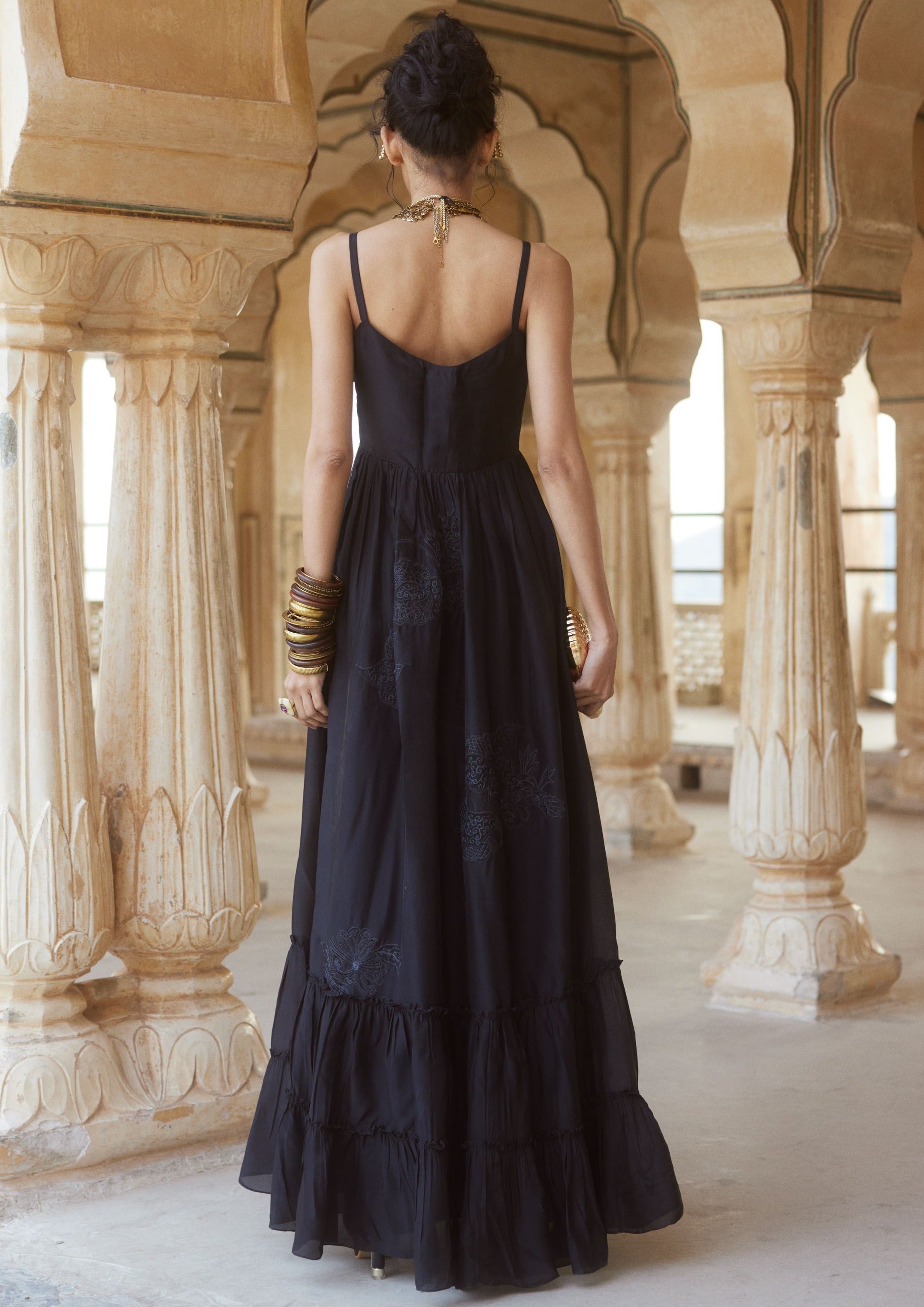 Black Silk Organza Noodle Strap Maxi Dress