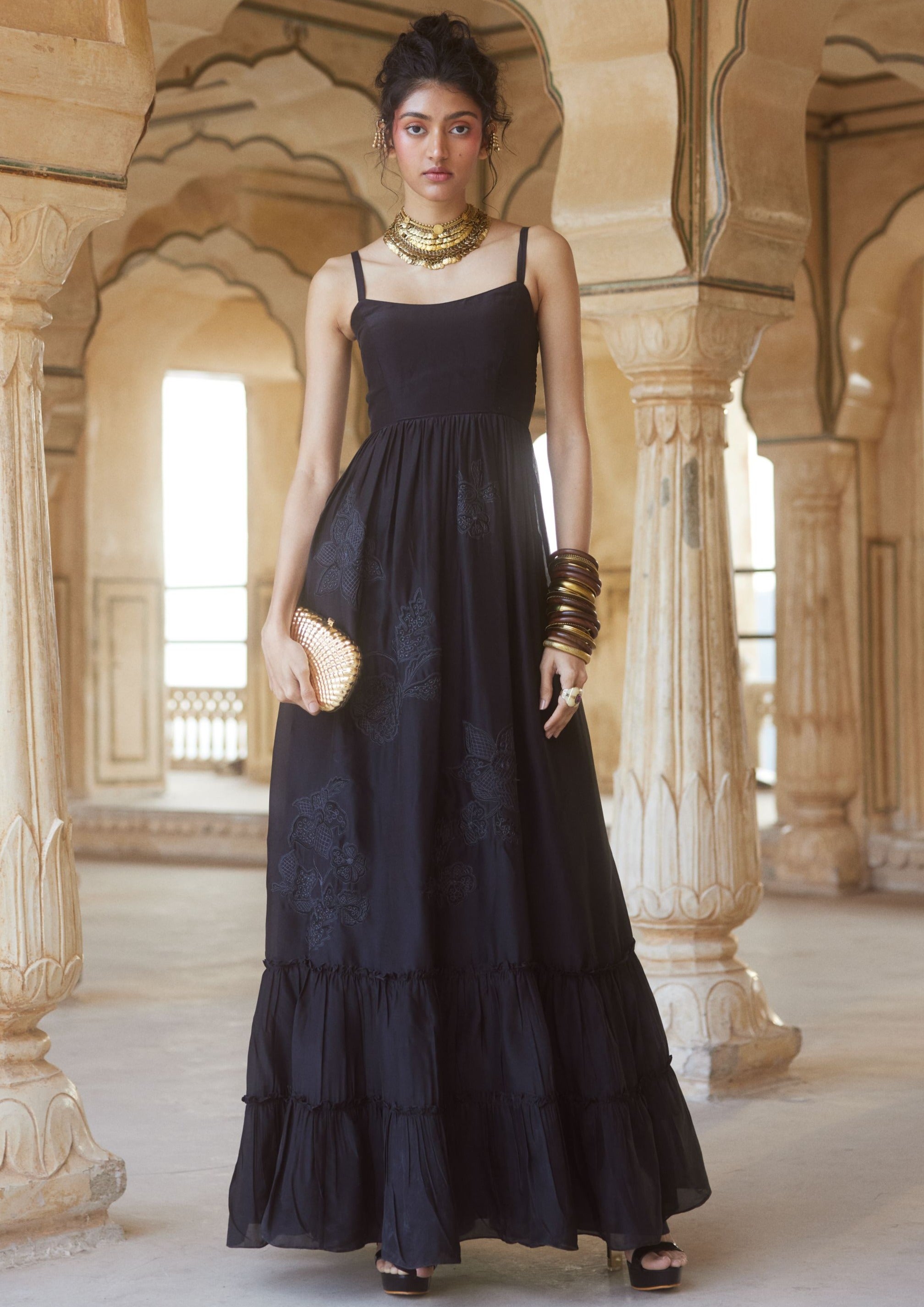 Black Silk Organza Noodle Strap Maxi Dress XXL / Black Black Silk Organza Noodle Strap Maxi Dress XXL / Black