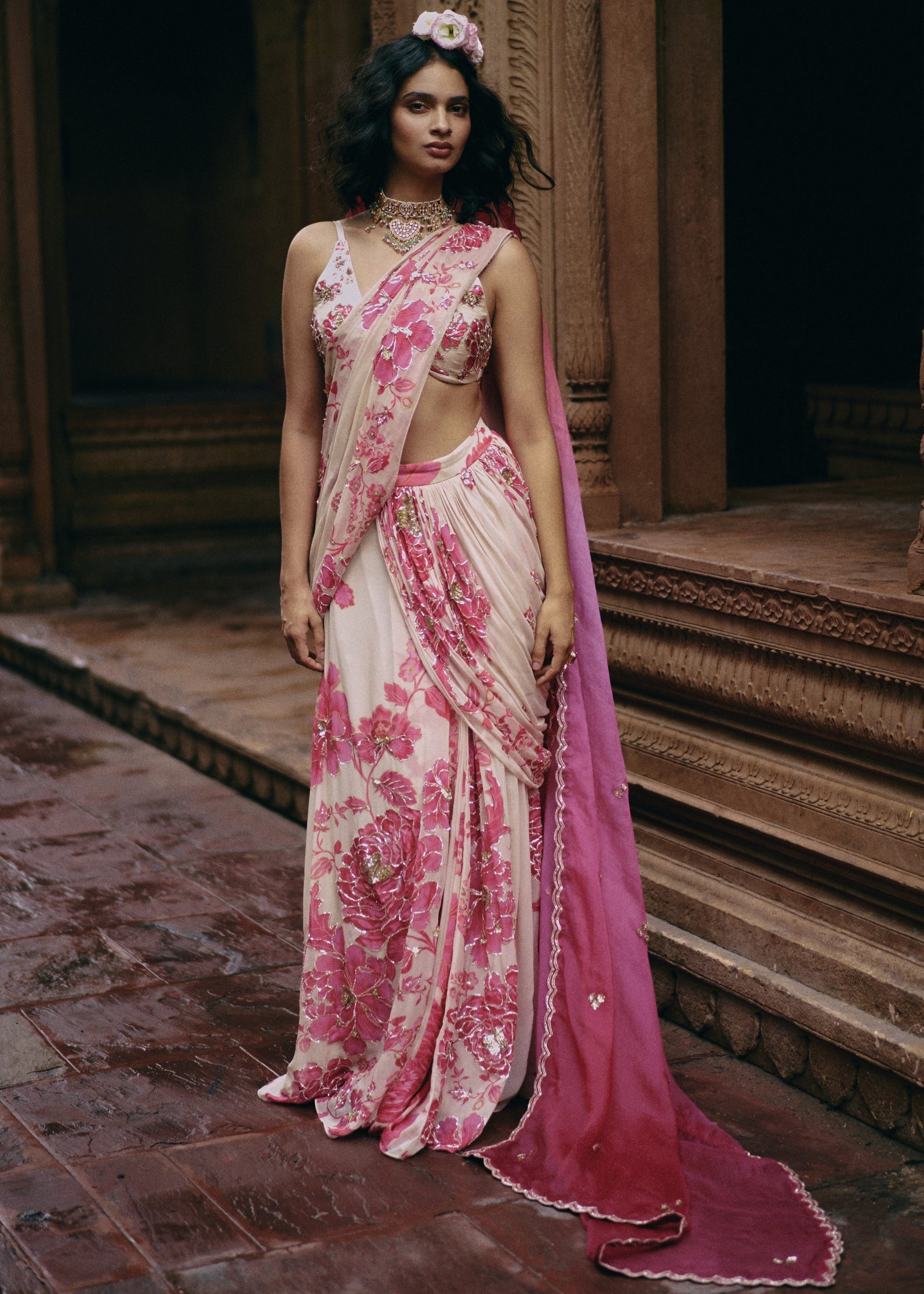 Ivory Abstract Floral Hand Embroidered Sari