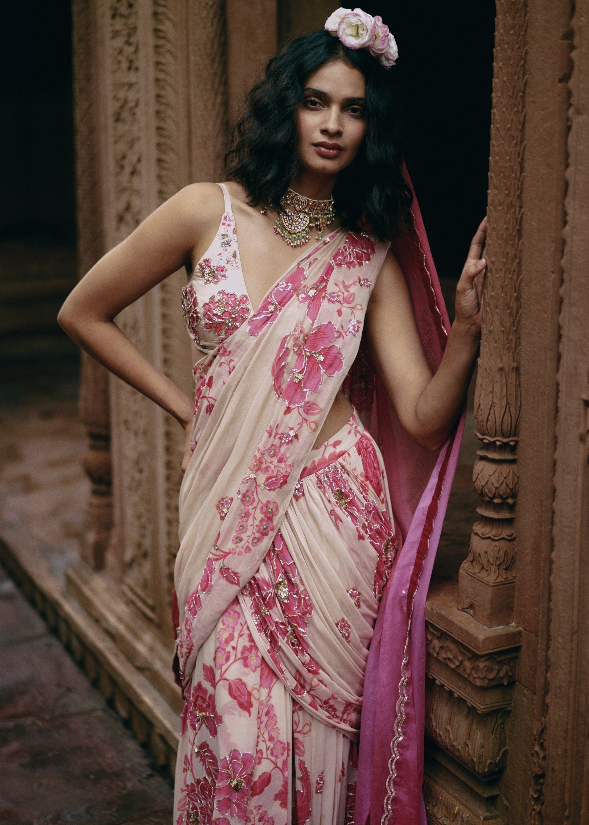 Ivory Abstract Floral Hand Embroidered Sari