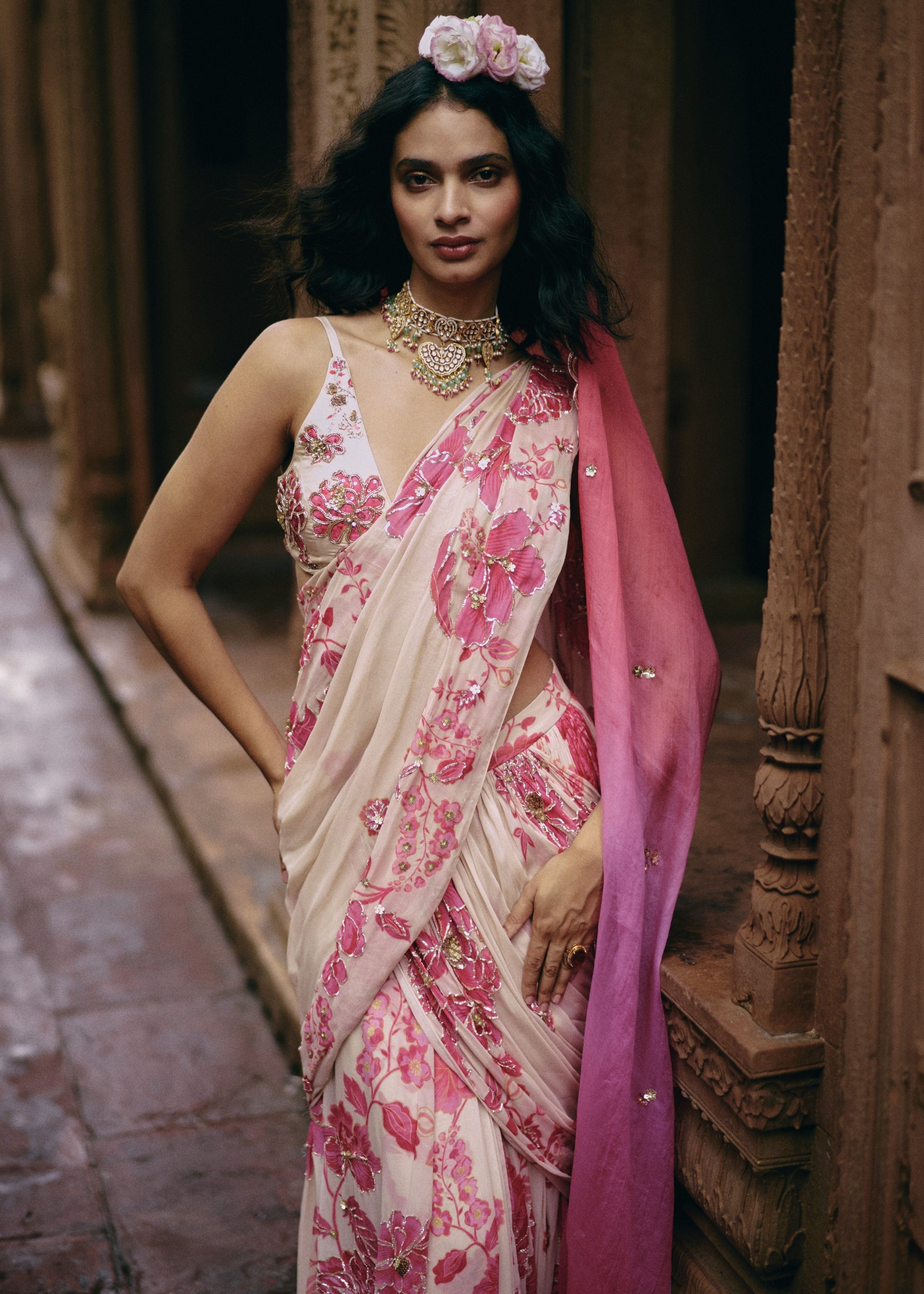 Ivory Abstract Floral Hand Embroidered Sari