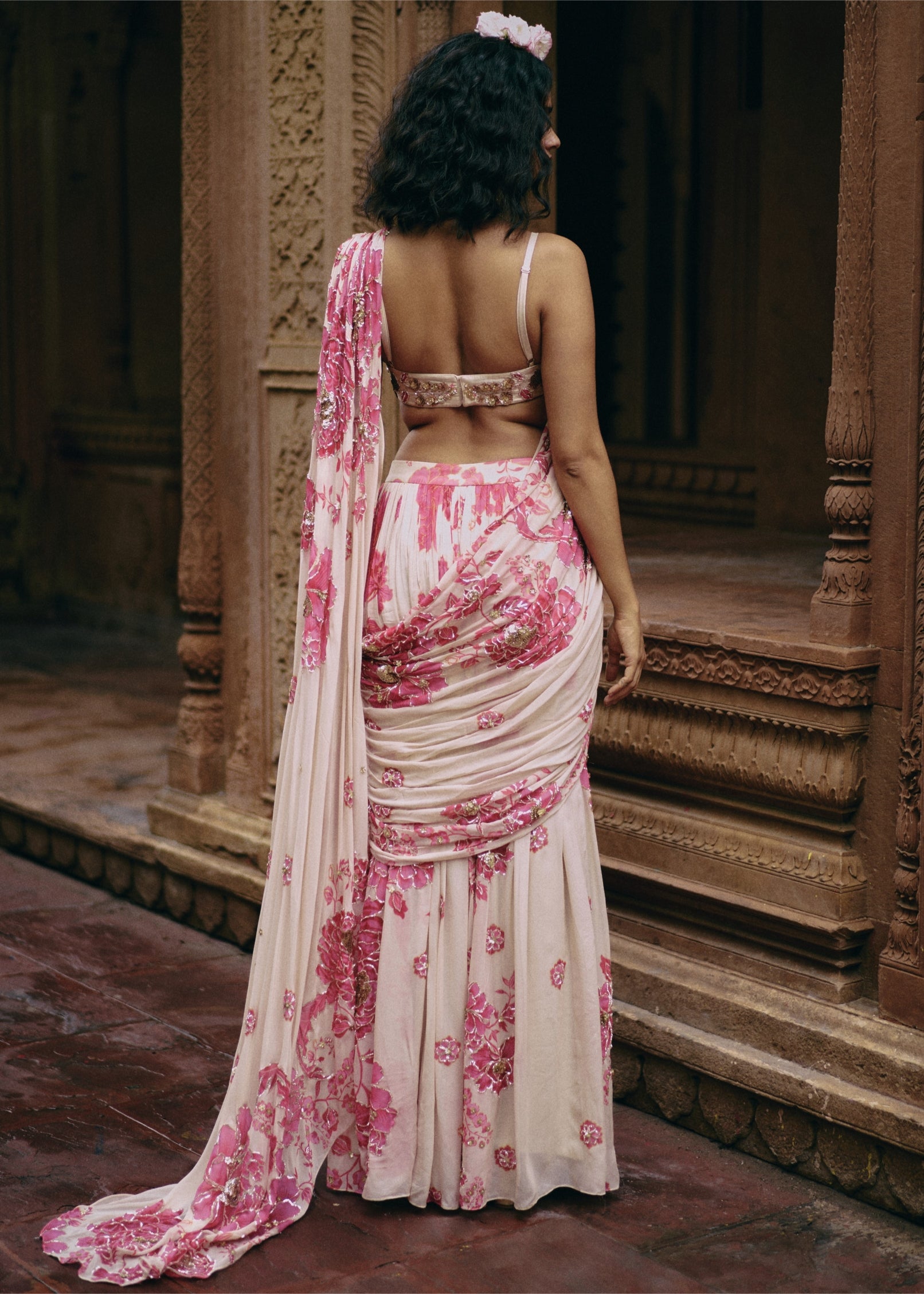Ivory Abstract Floral Hand Embroidered Sari