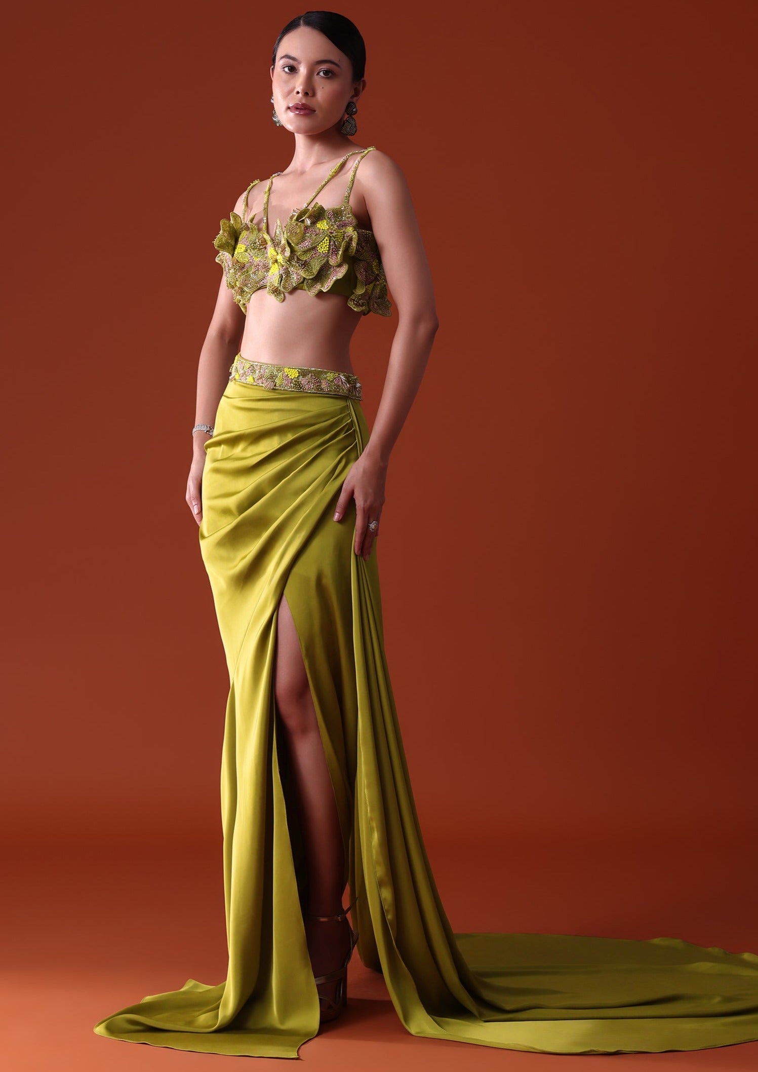 Lime Green Zardosi Kurta Straight Pant Coord With Leheriya Border main image 1