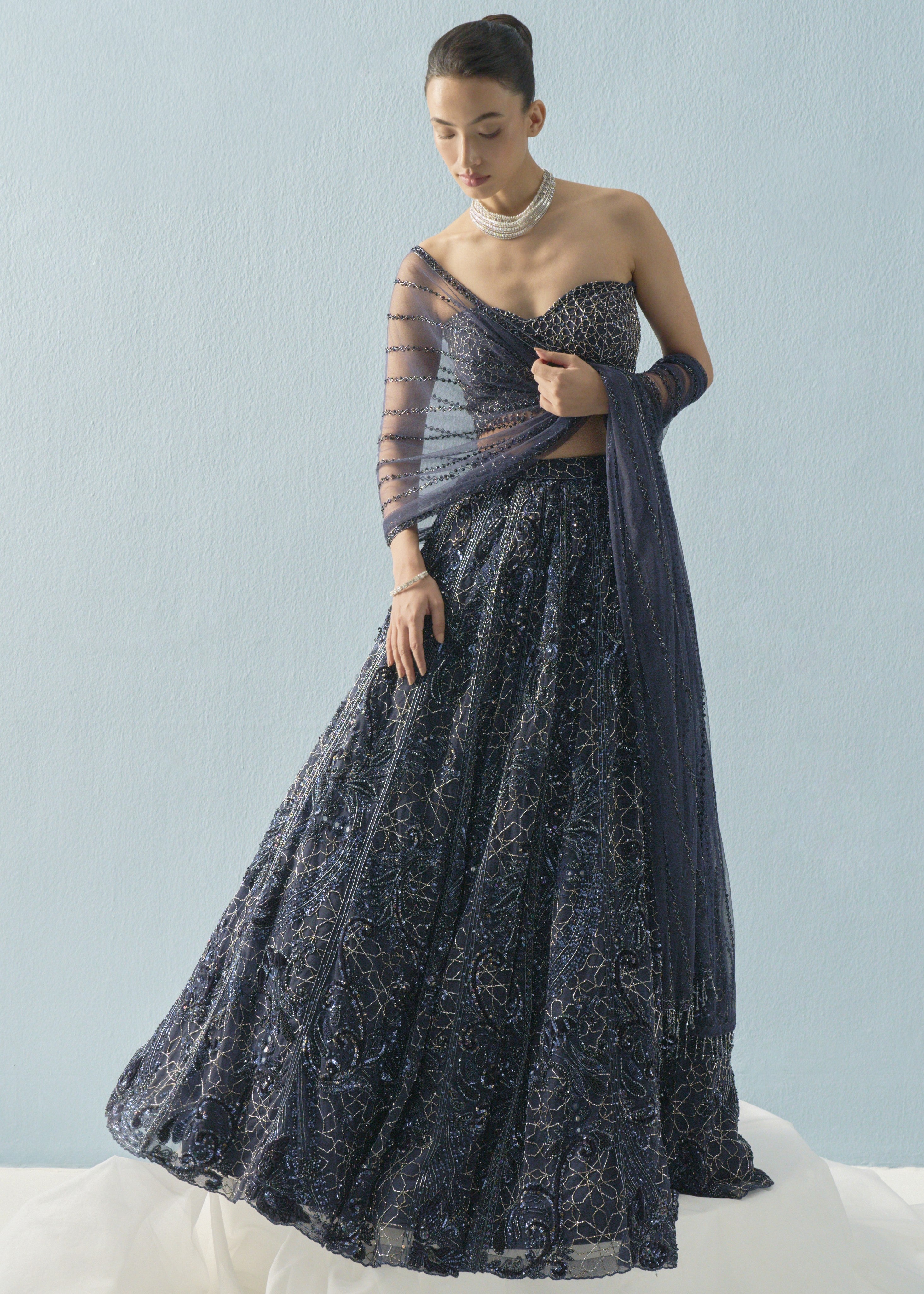 Navy Blue Tulle Lehenga Set