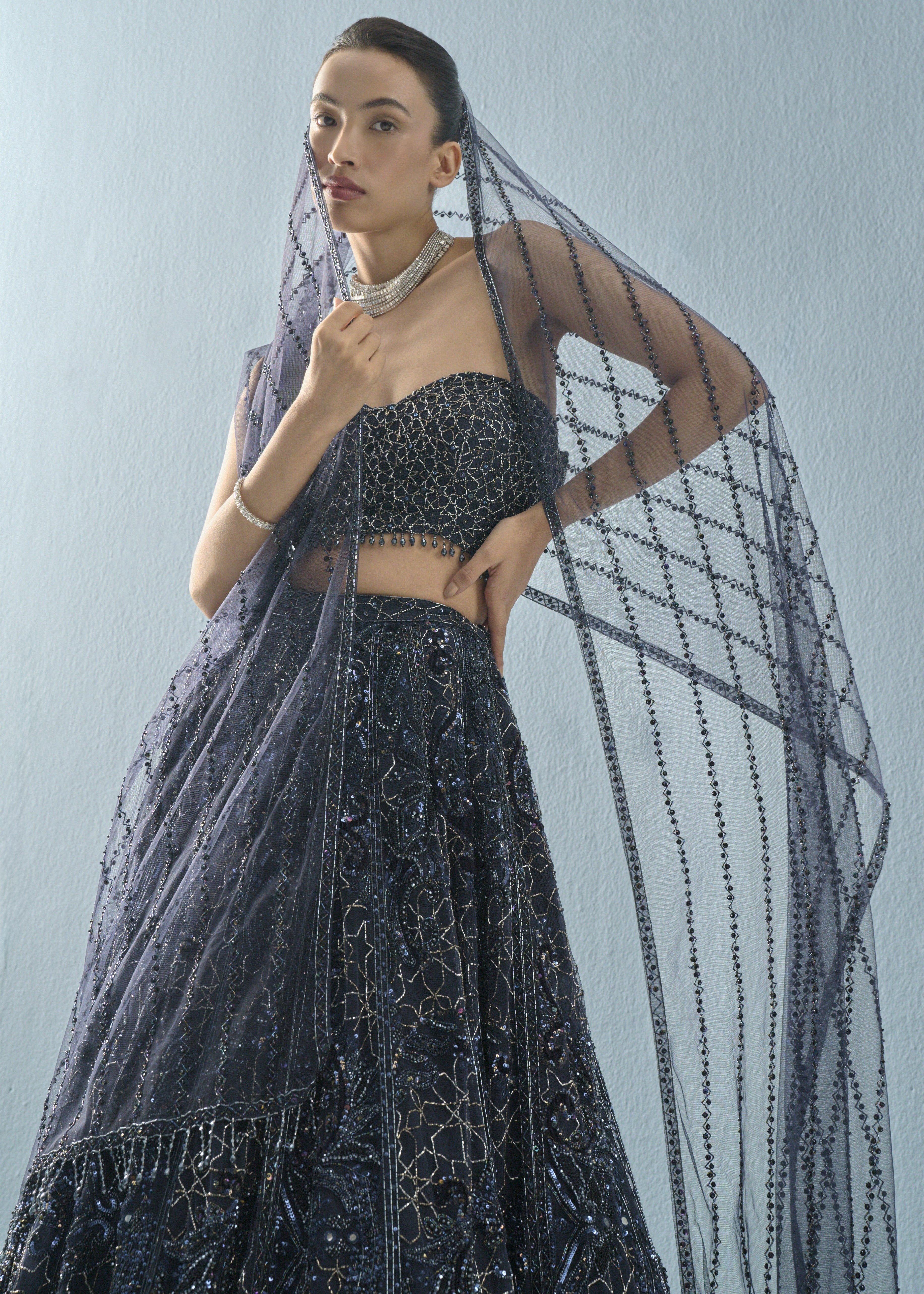 Navy Blue Tulle Lehenga Set
