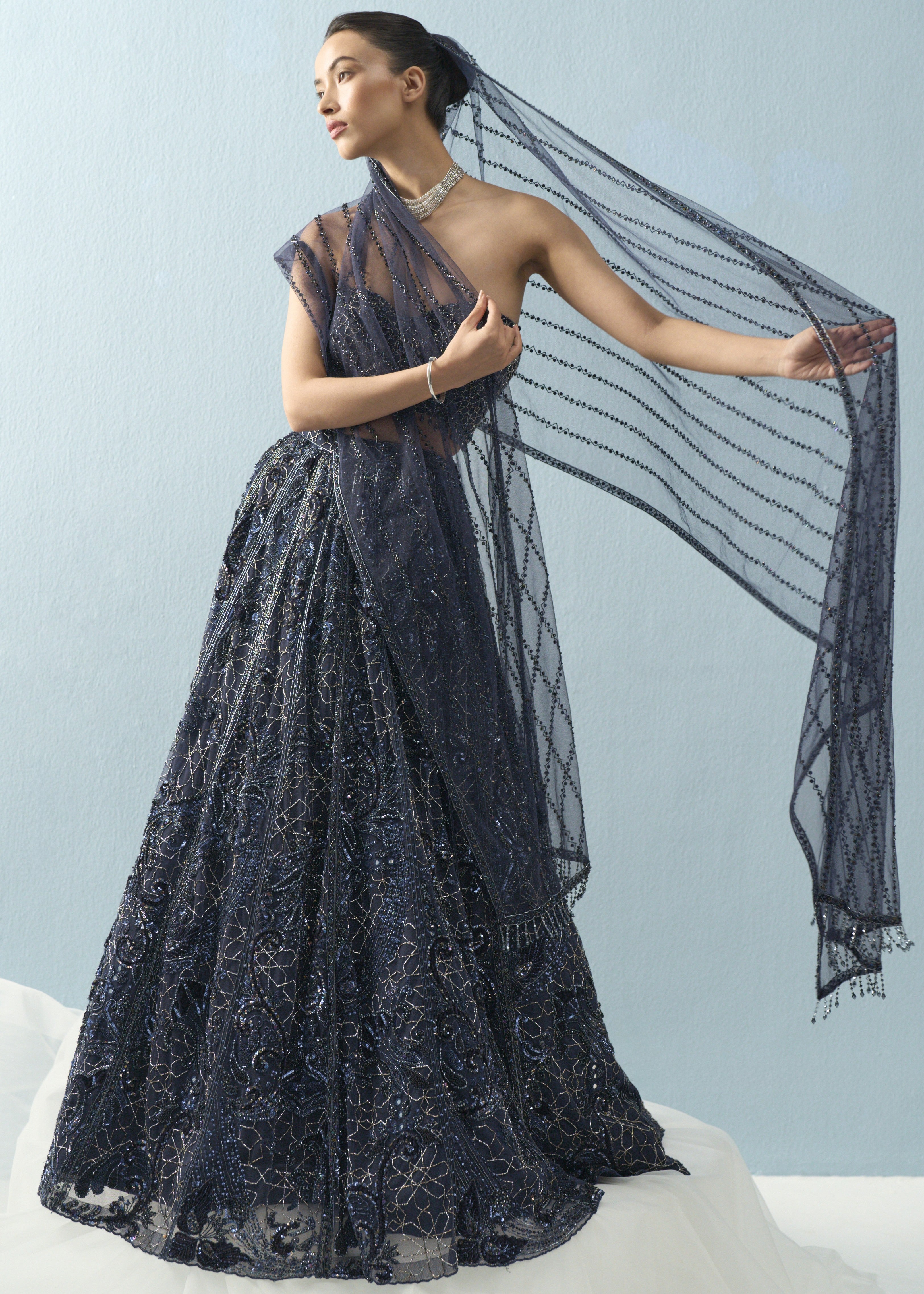 Navy Blue Tulle Lehenga Set