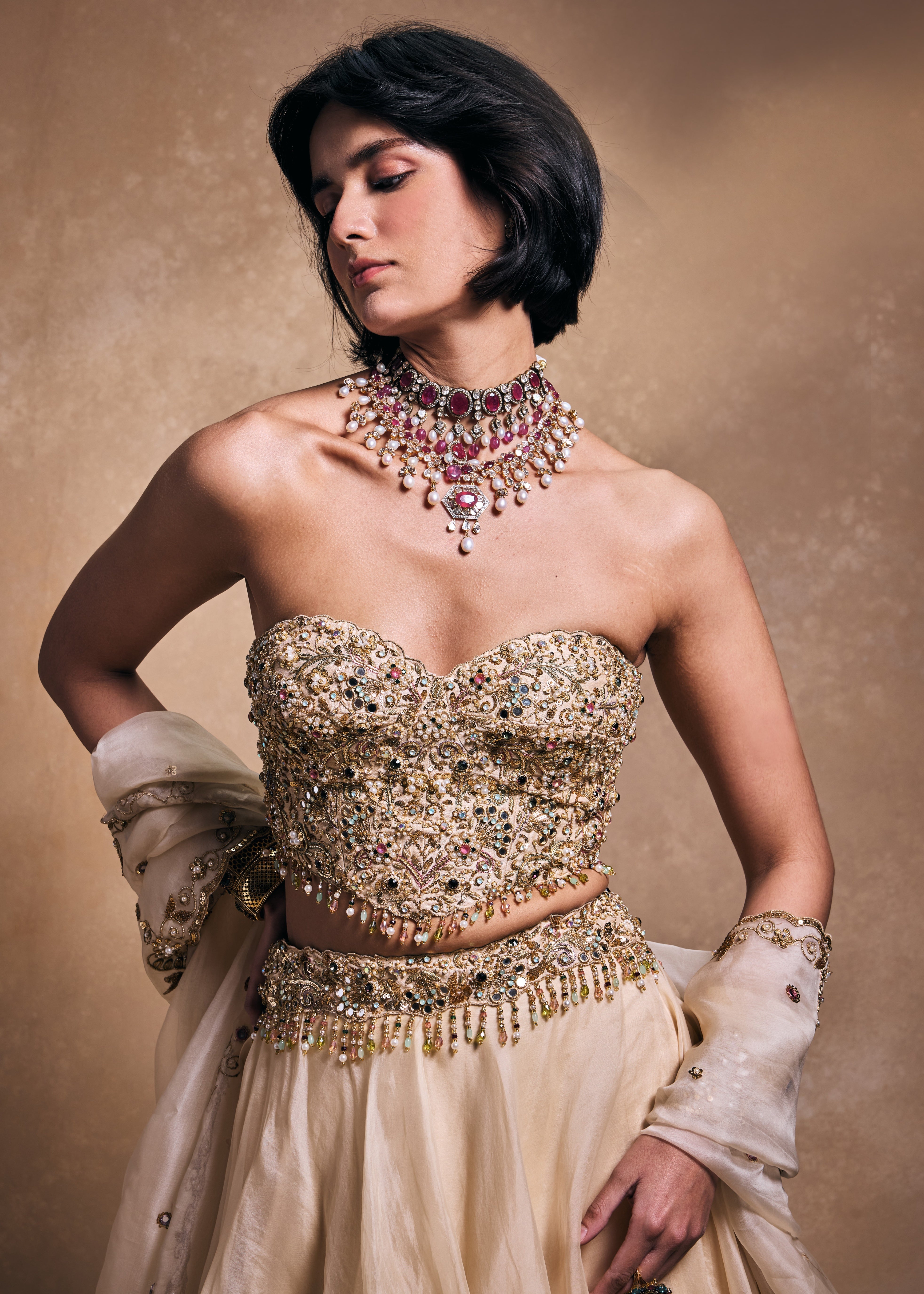 Cream Organza Lehenga Set