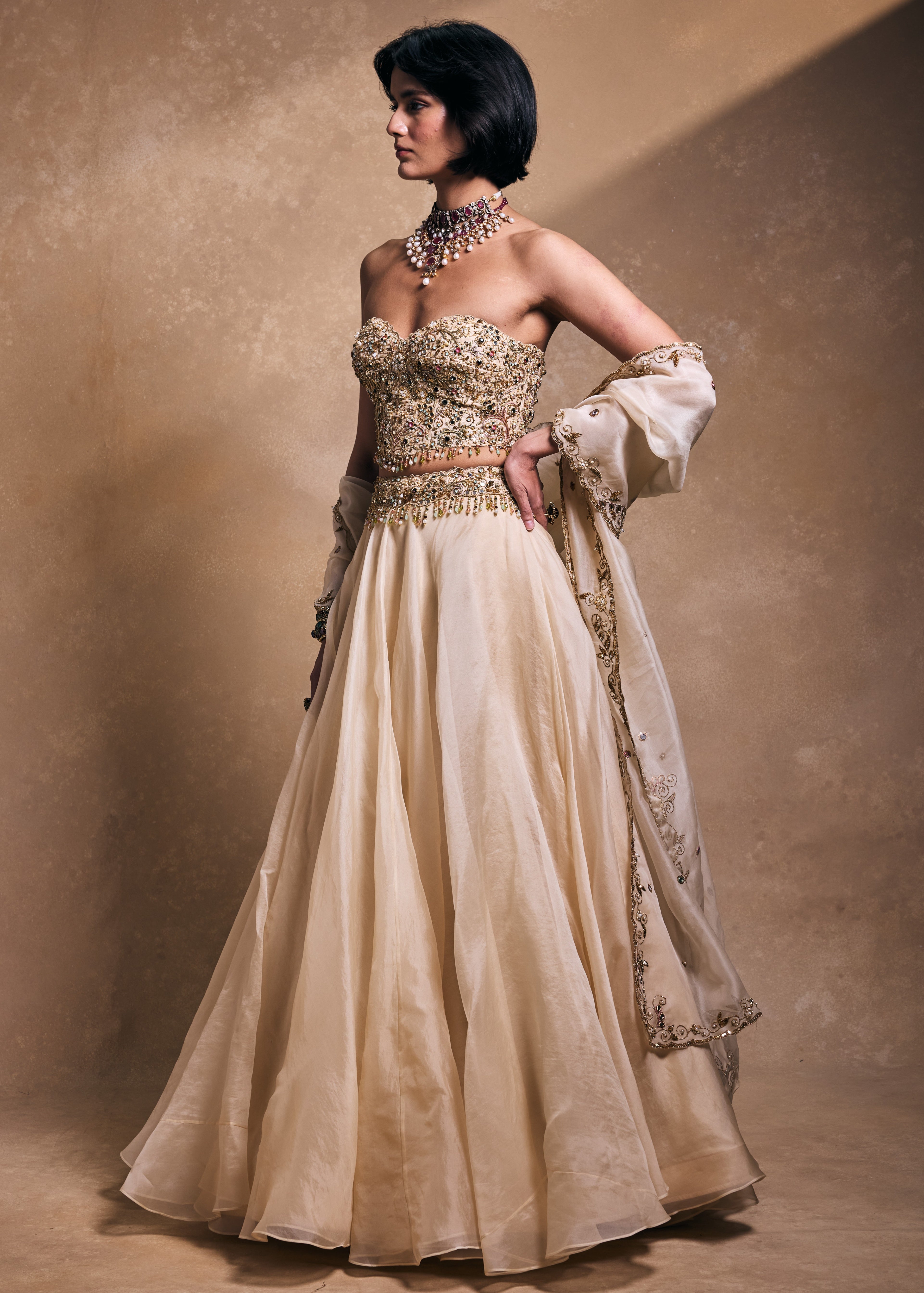 Cream Organza Lehenga Set