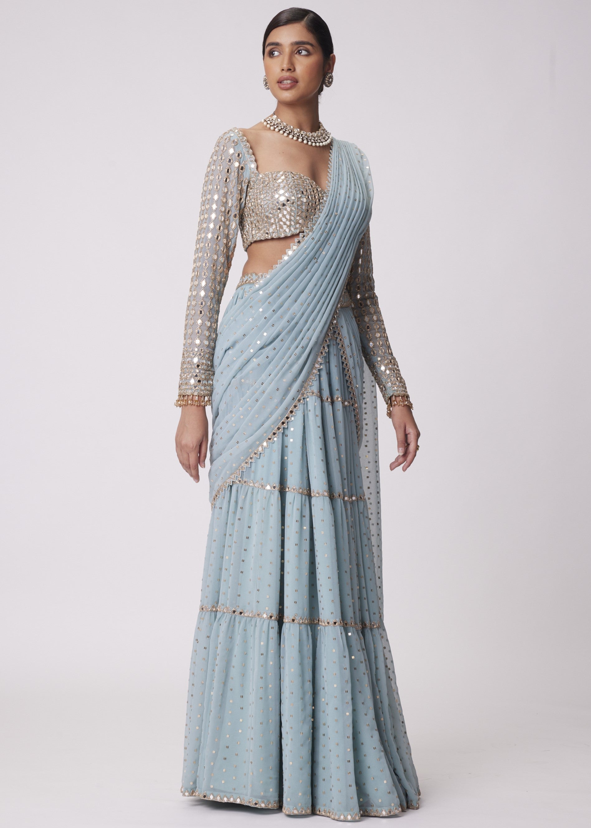 Powder Blue Multi Tier Hand Embroidered Sari Set
