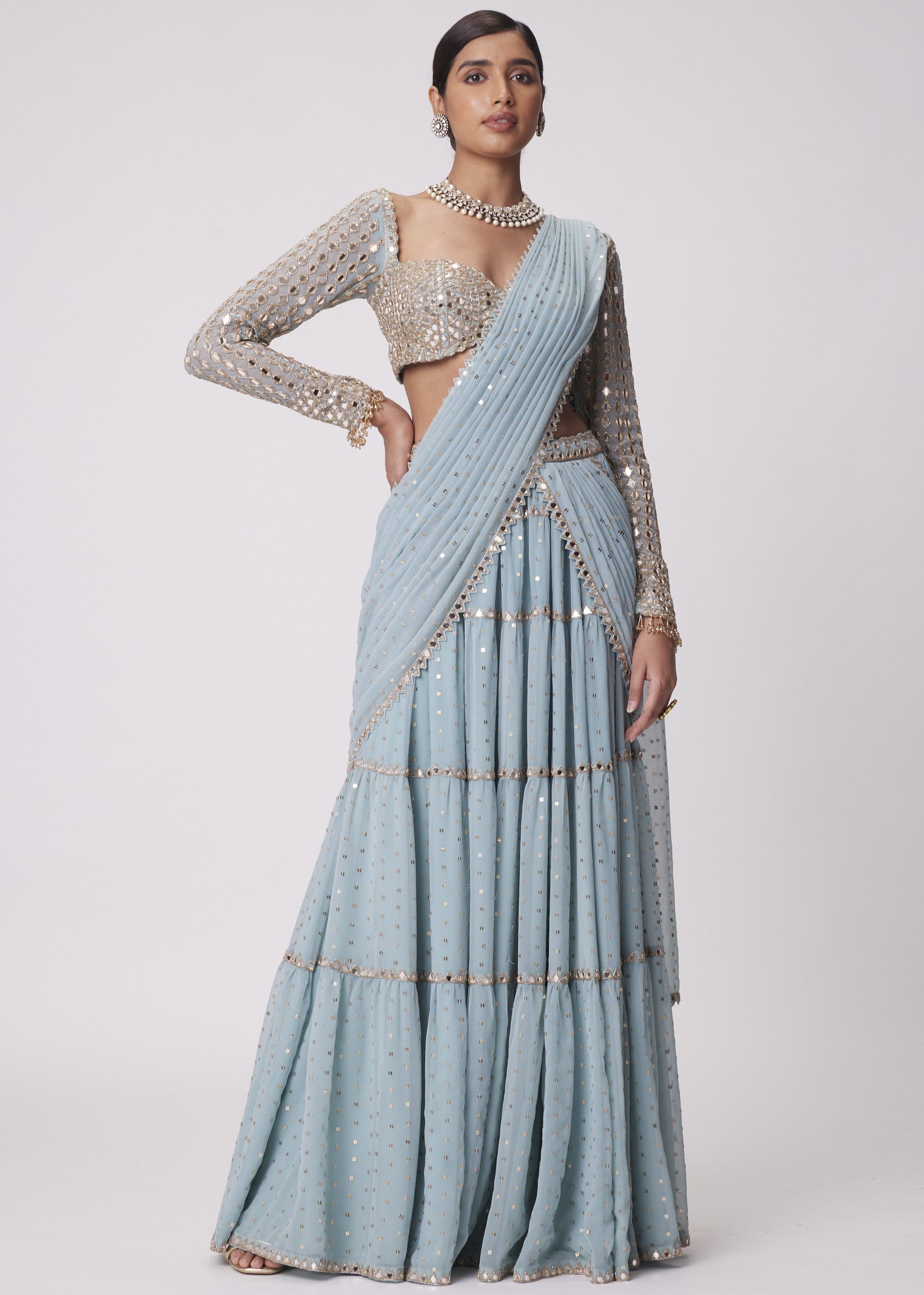 Powder Blue Multi Tier Hand Embroidered Sari Set
