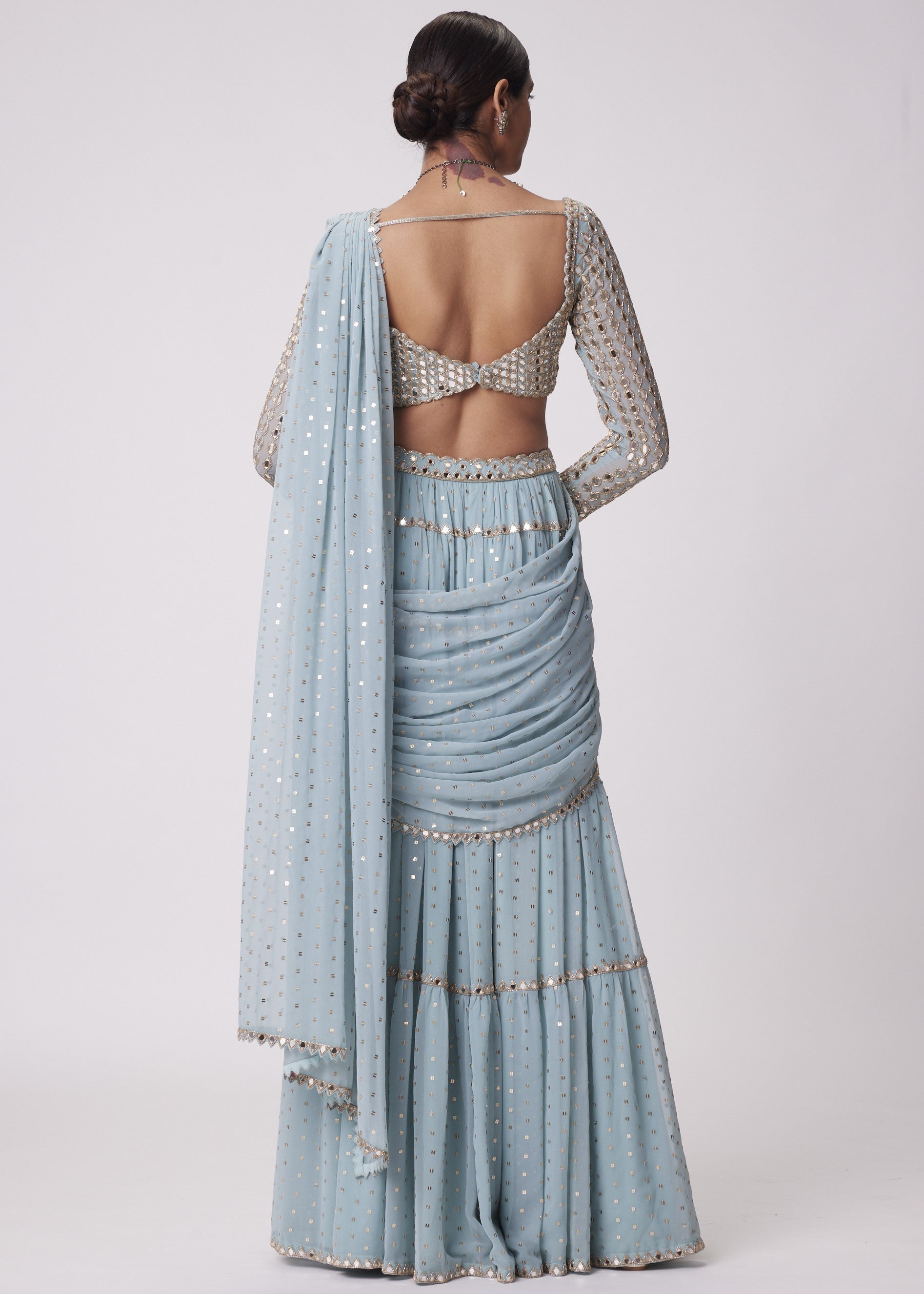 Powder Blue Multi Tier Hand Embroidered Sari Set
