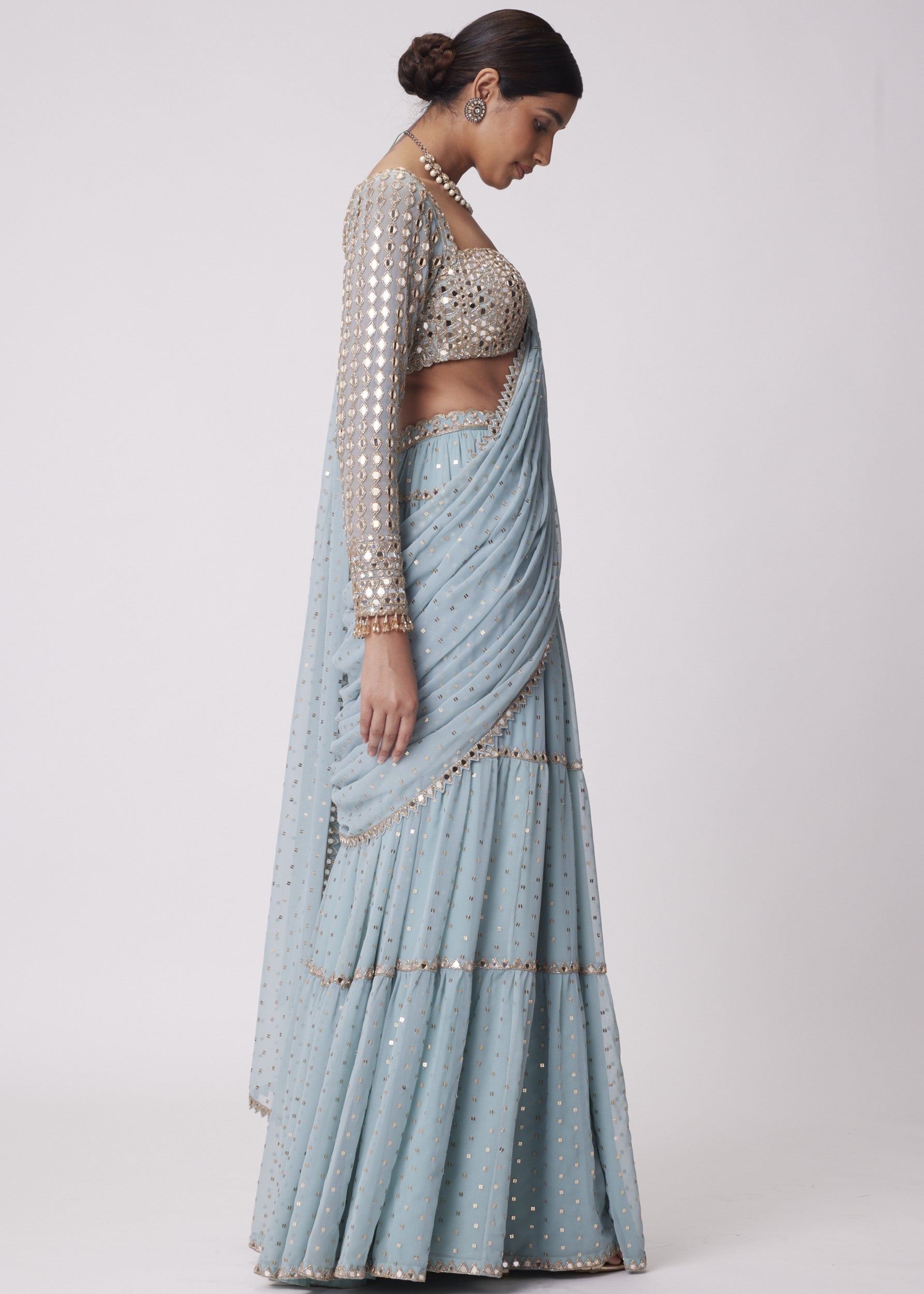 Powder Blue Multi Tier Hand Embroidered Sari Set