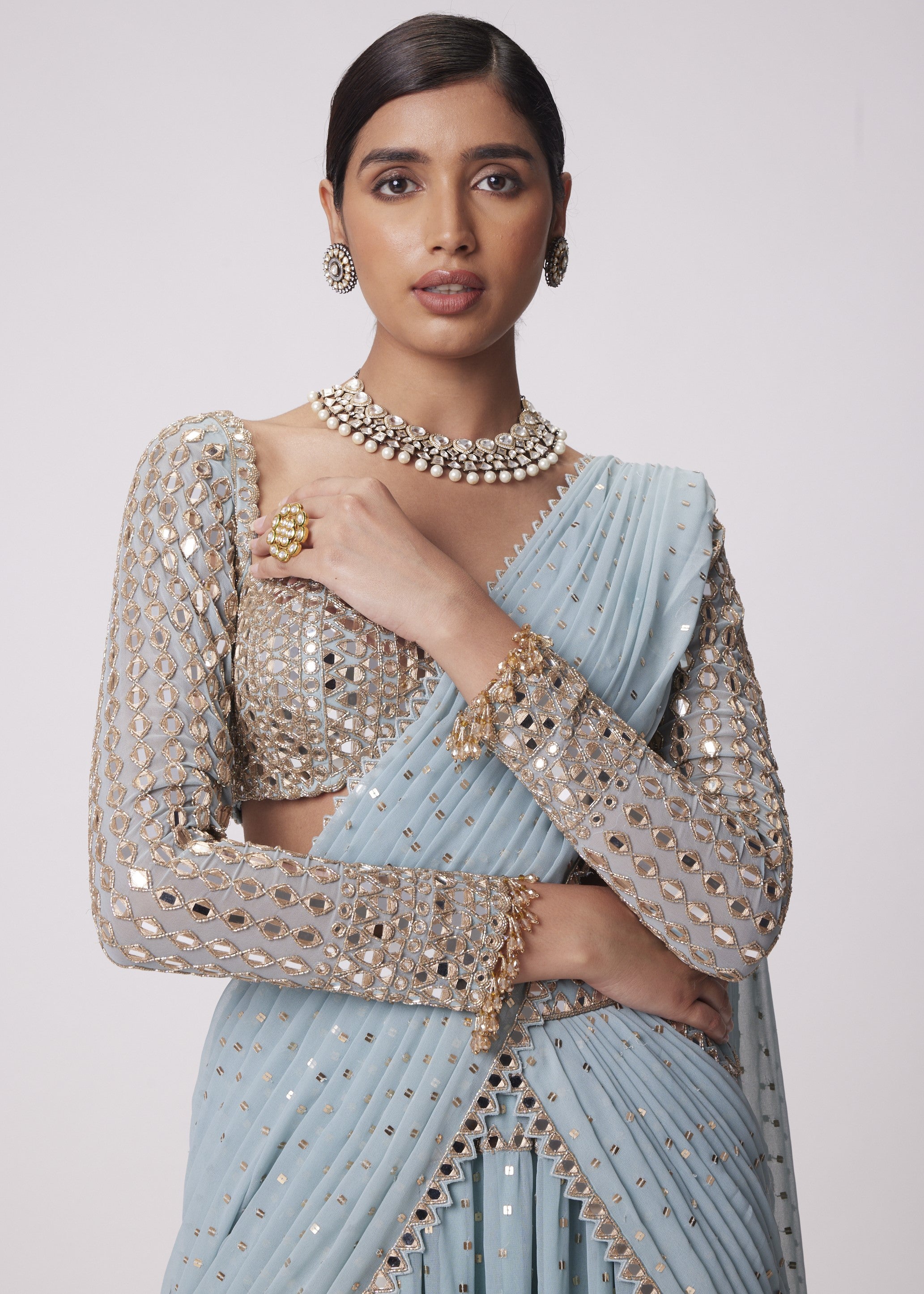 Powder Blue Multi Tier Hand Embroidered Sari Set