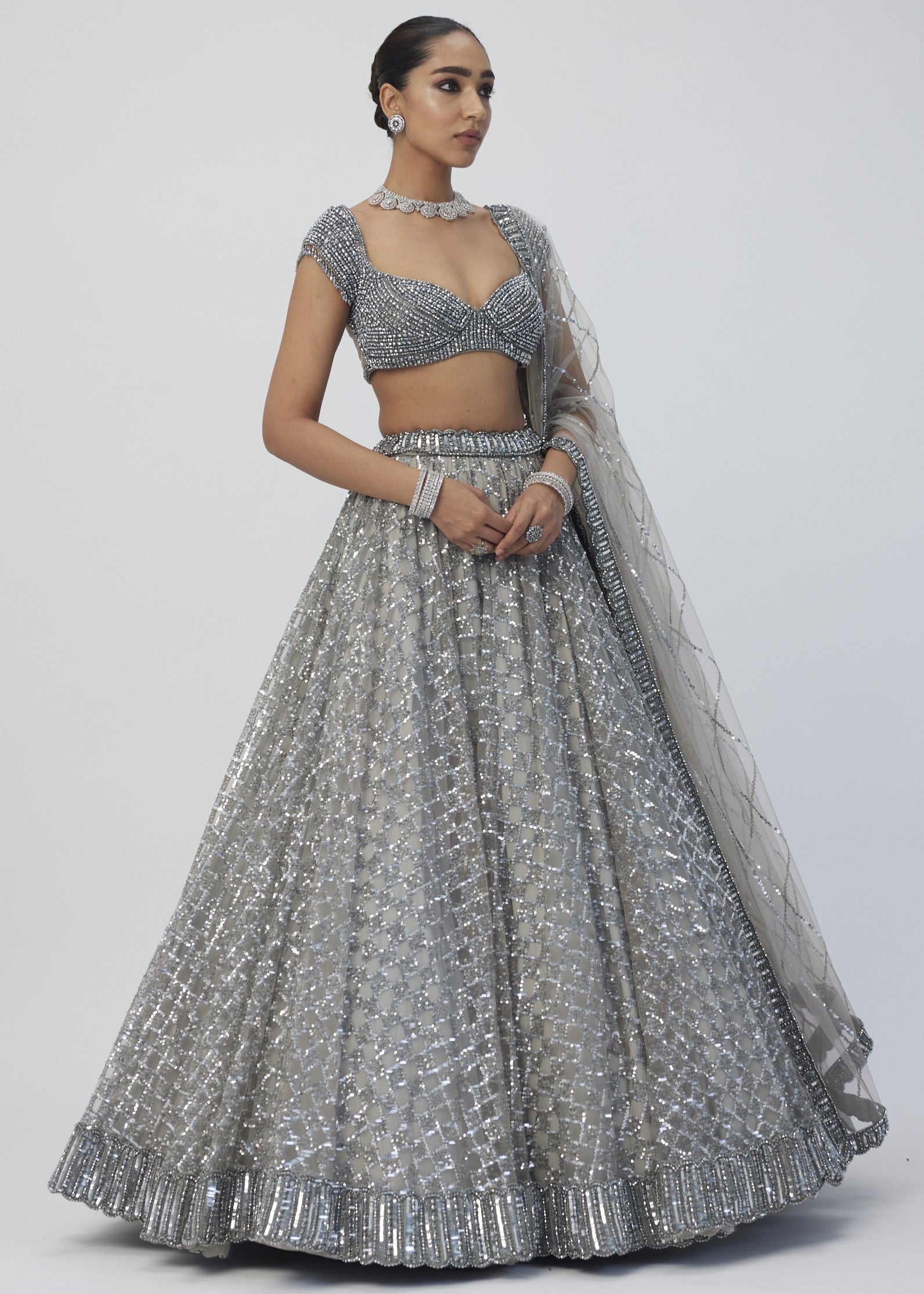 Crystal Grey Sequins Embroidered Lehenga Set