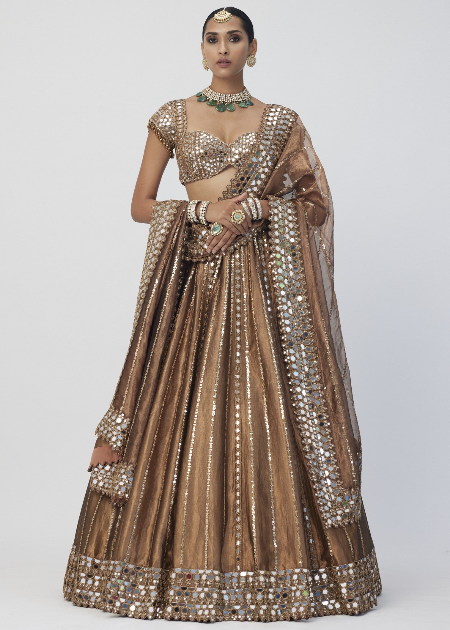 Copper Shimmer Organza Linear Lehenga Set