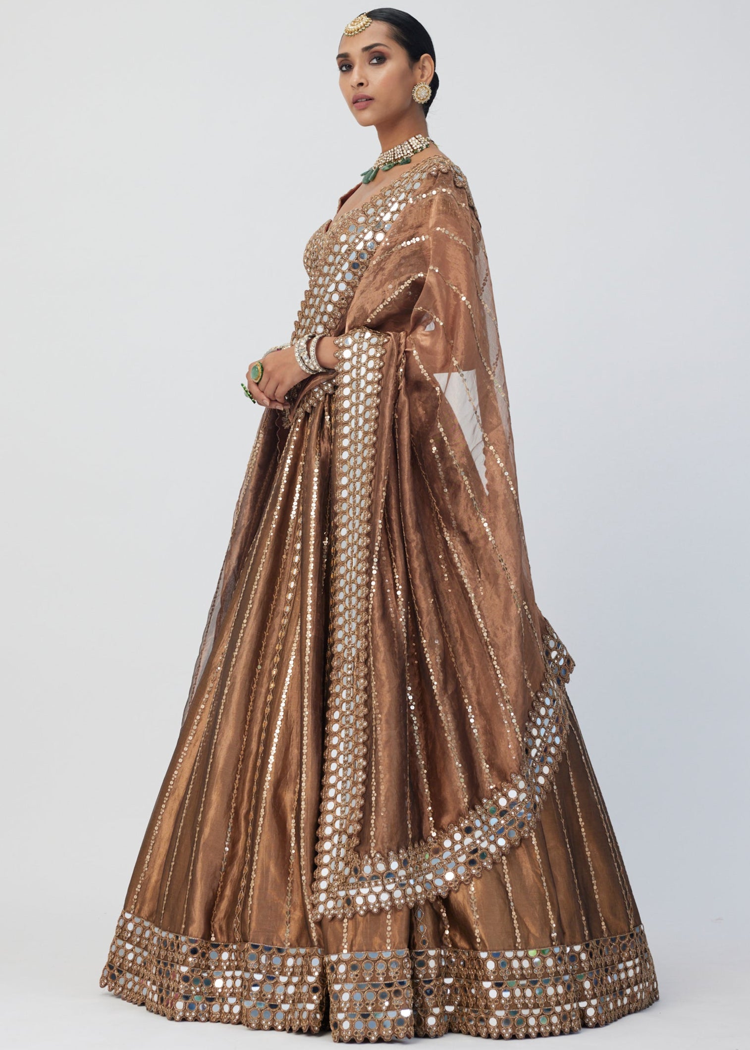 Copper Shimmer Organza Linear Lehenga Set