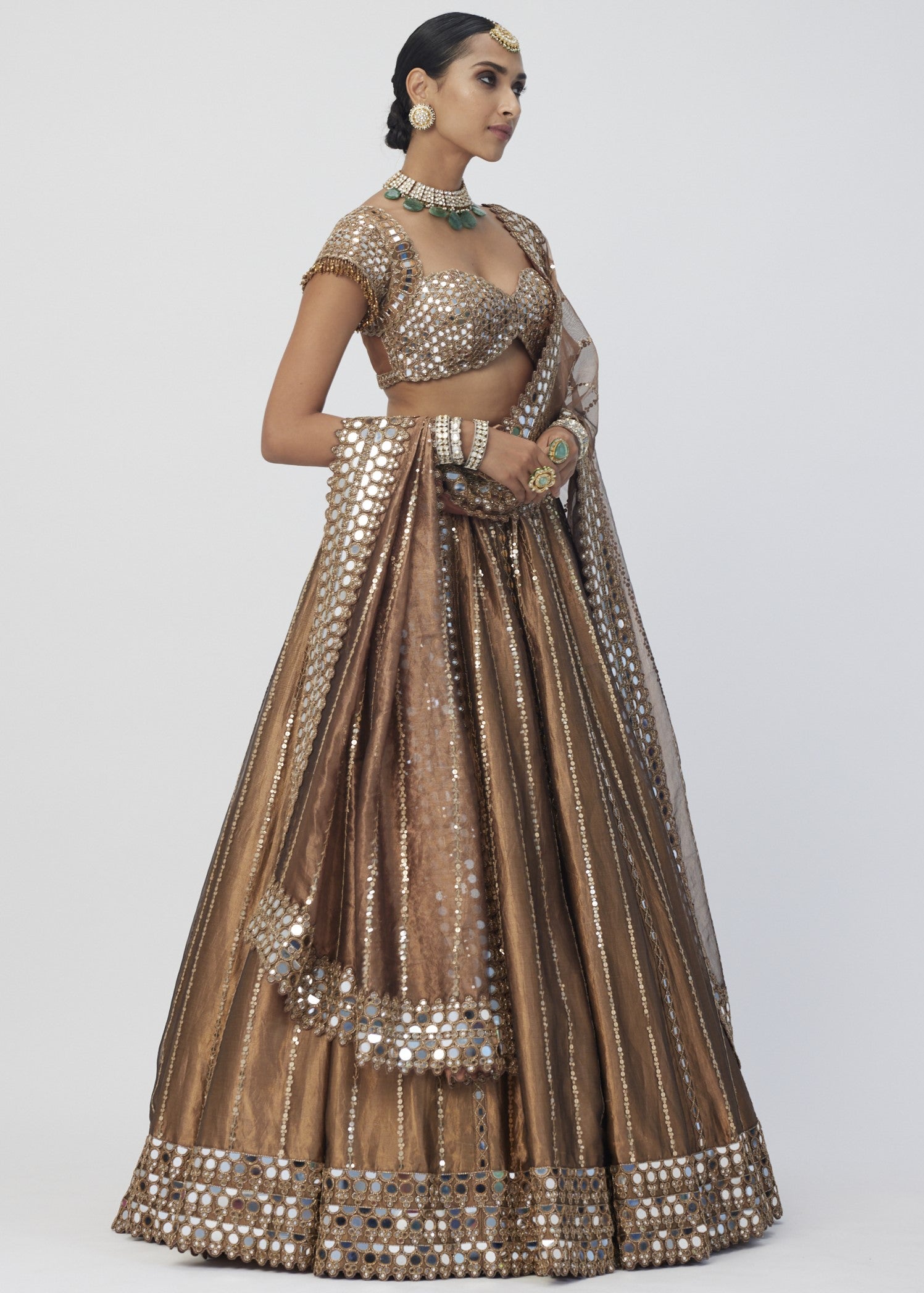 Copper Shimmer Organza Linear Lehenga Set