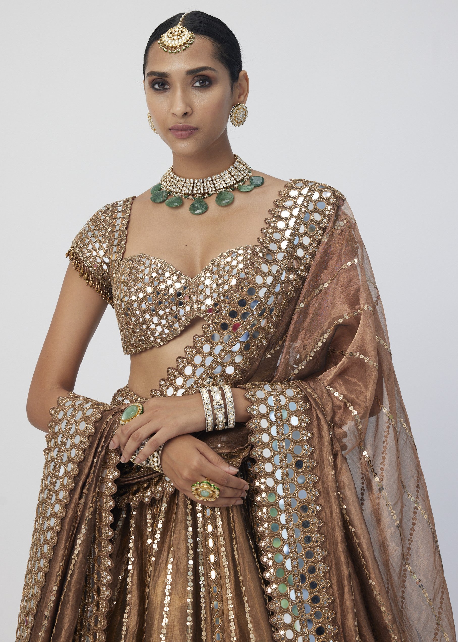 Copper Shimmer Organza Linear Lehenga Set