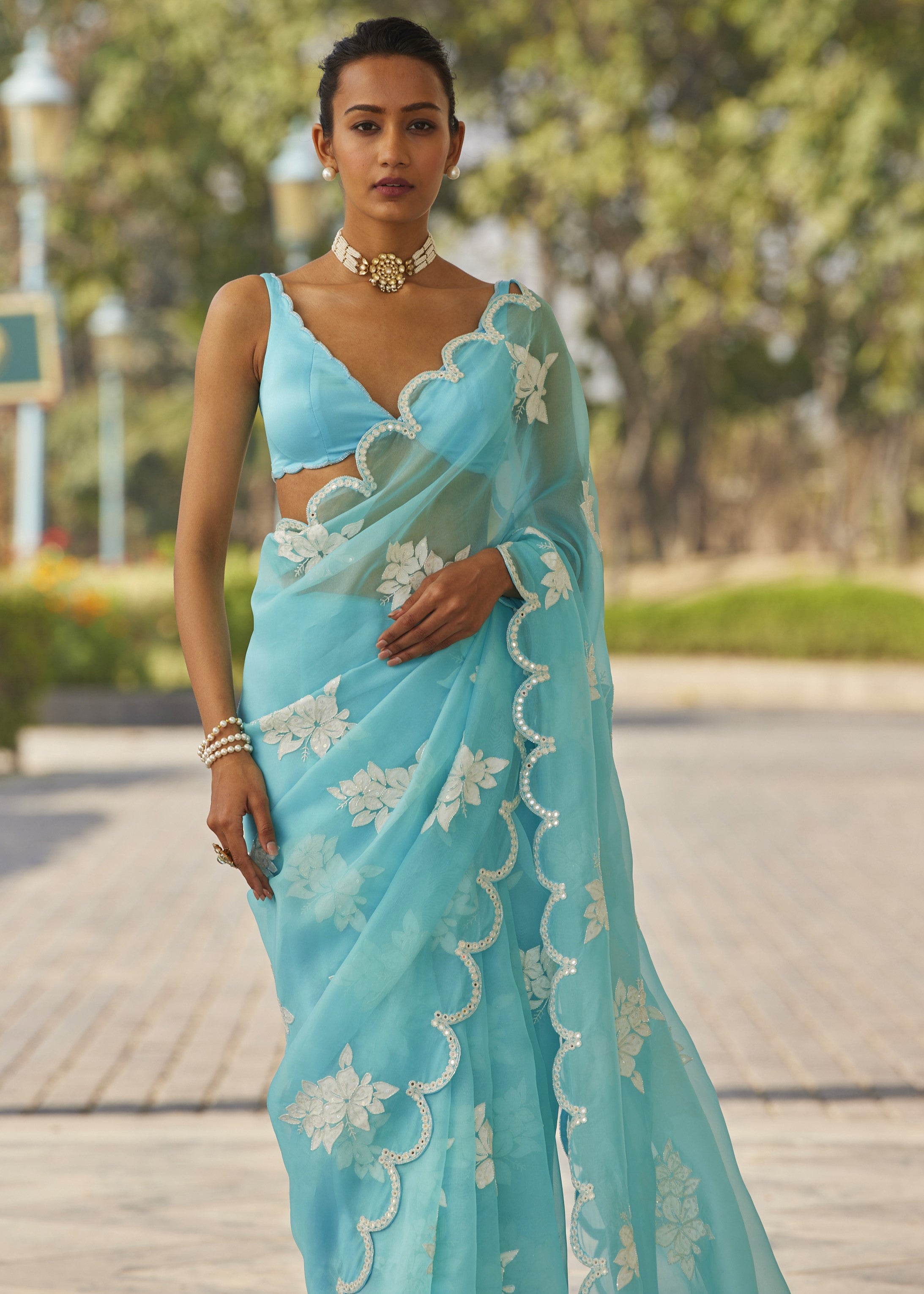 Blue Flower Sari Set