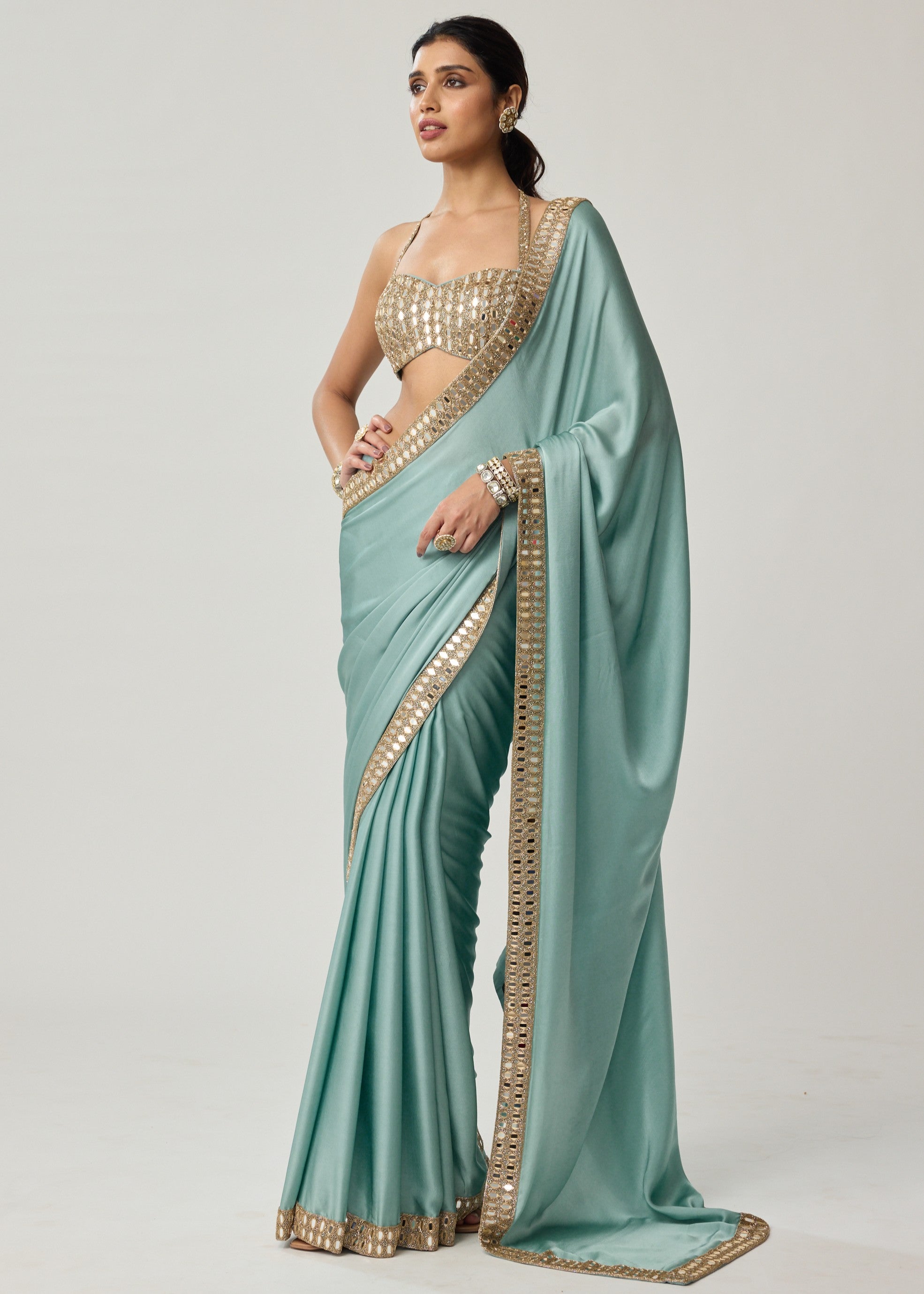 Powder Blue Mirror Satin Sari Set