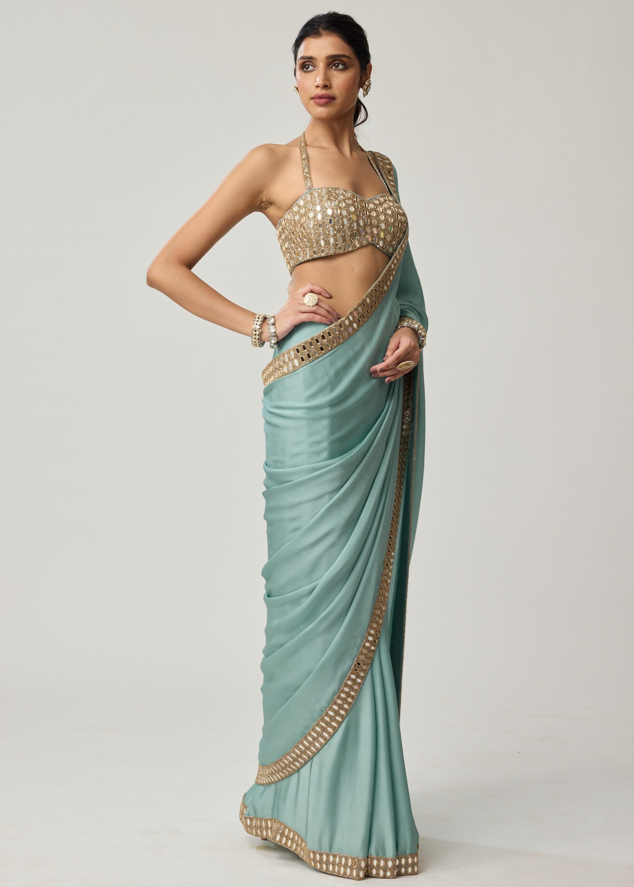Powder Blue Mirror Satin Sari Set