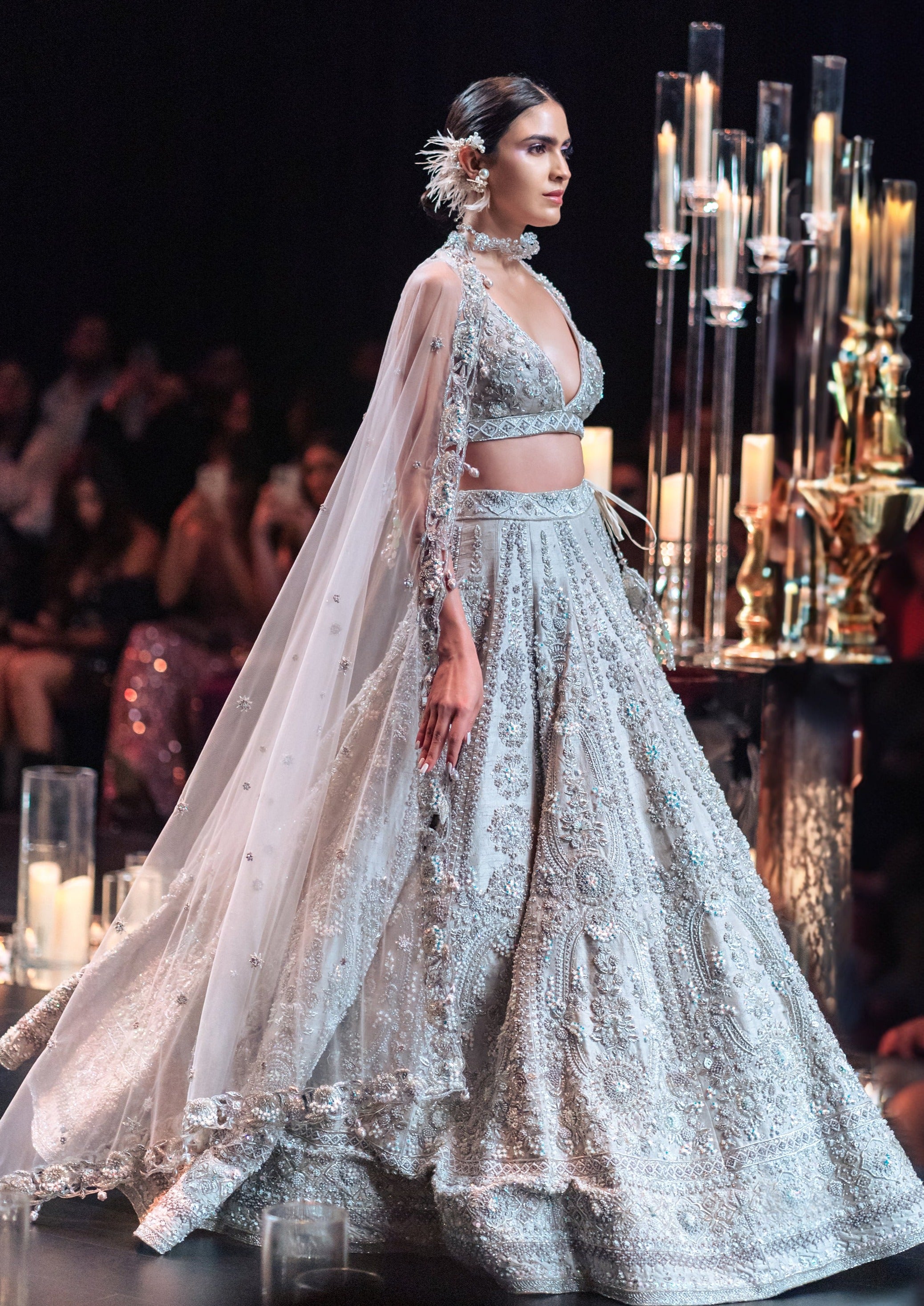 Beige Embroidered Bridal Lehenga Set with Pearl Embellishments