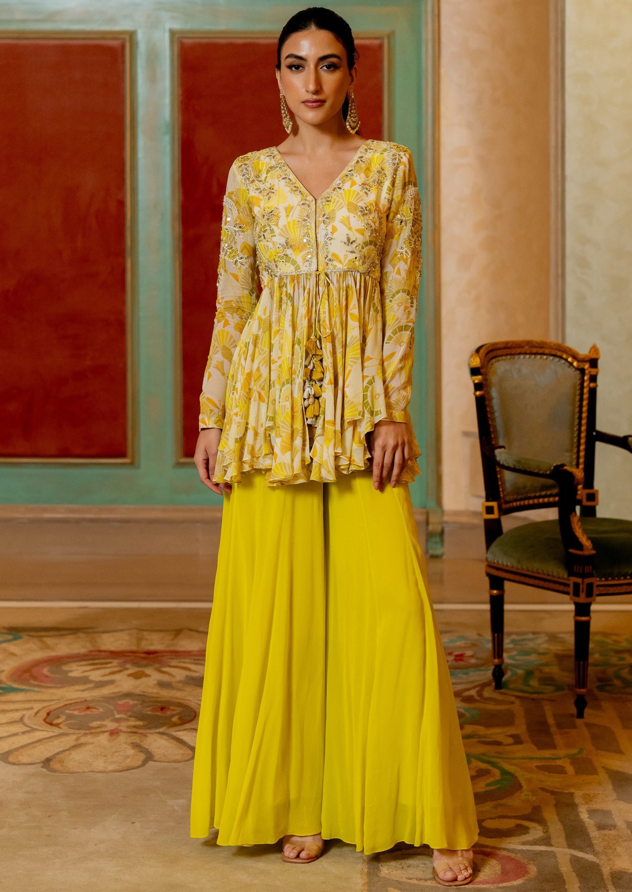 Lime Yellow Geometric Floral Peplum Set