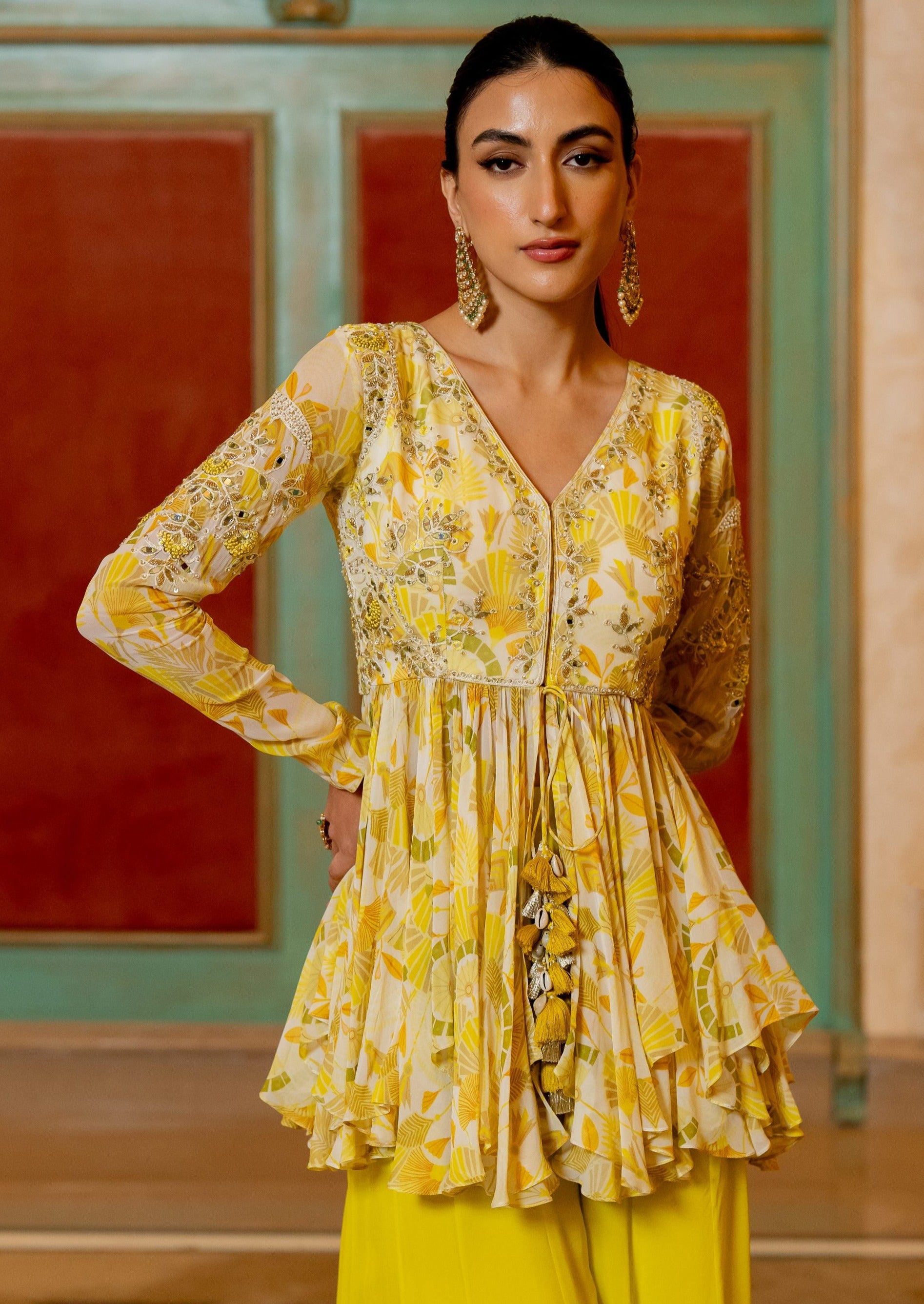 Lime Yellow Geometric Floral Peplum Set