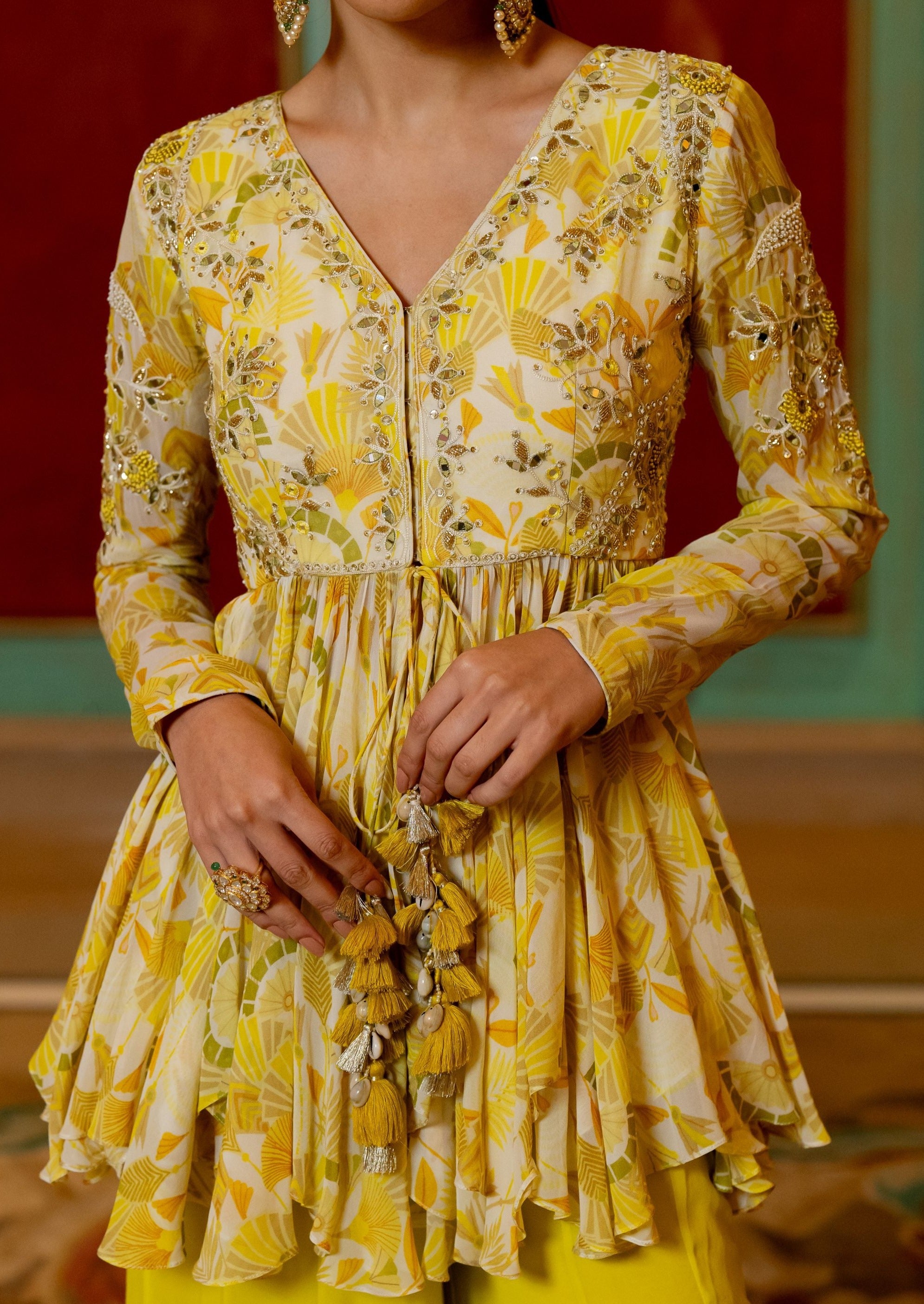 Lime Yellow Geometric Floral Peplum Set