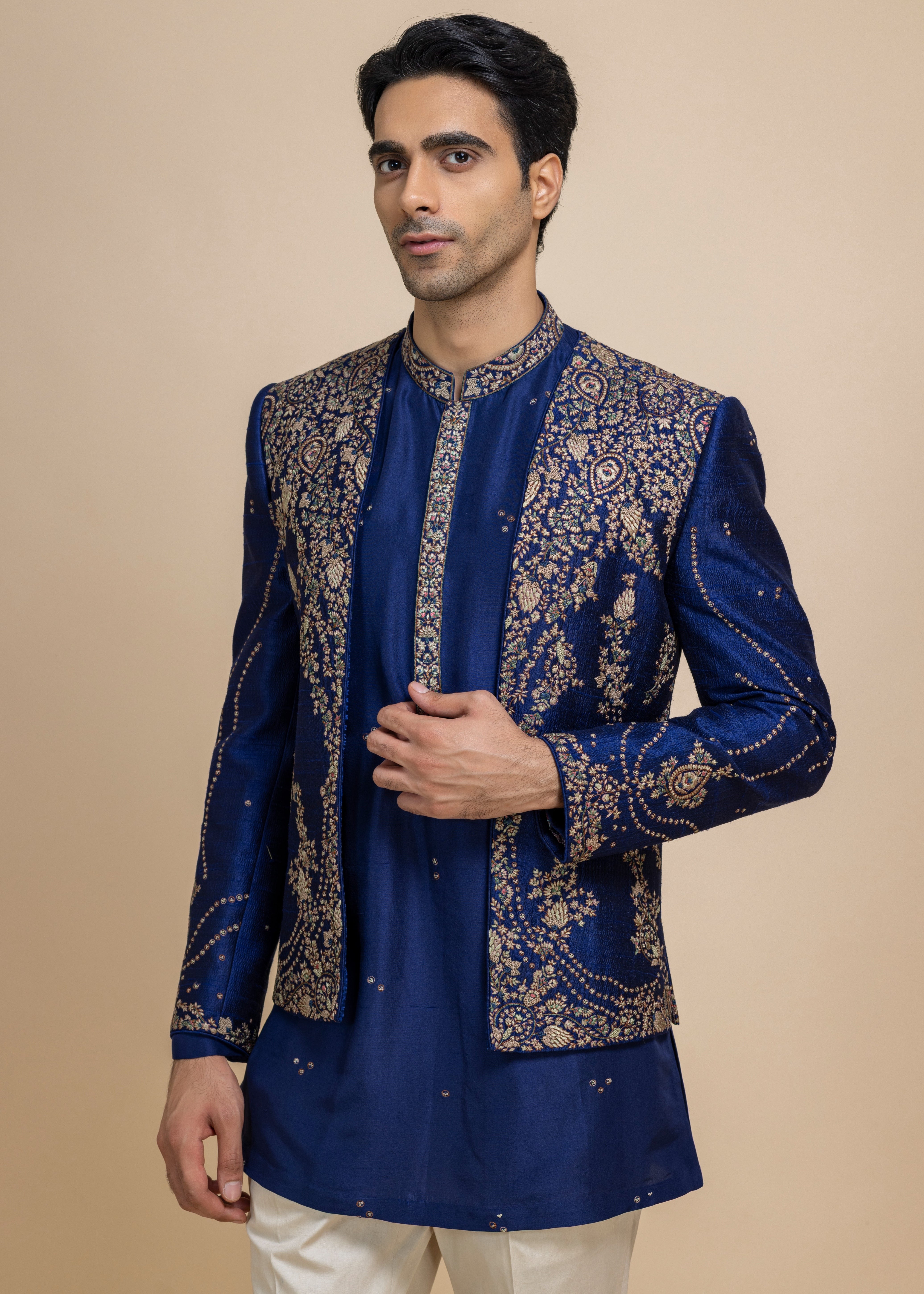 Sterling Royal Blue Open Jacket, Kurta & Pant Set