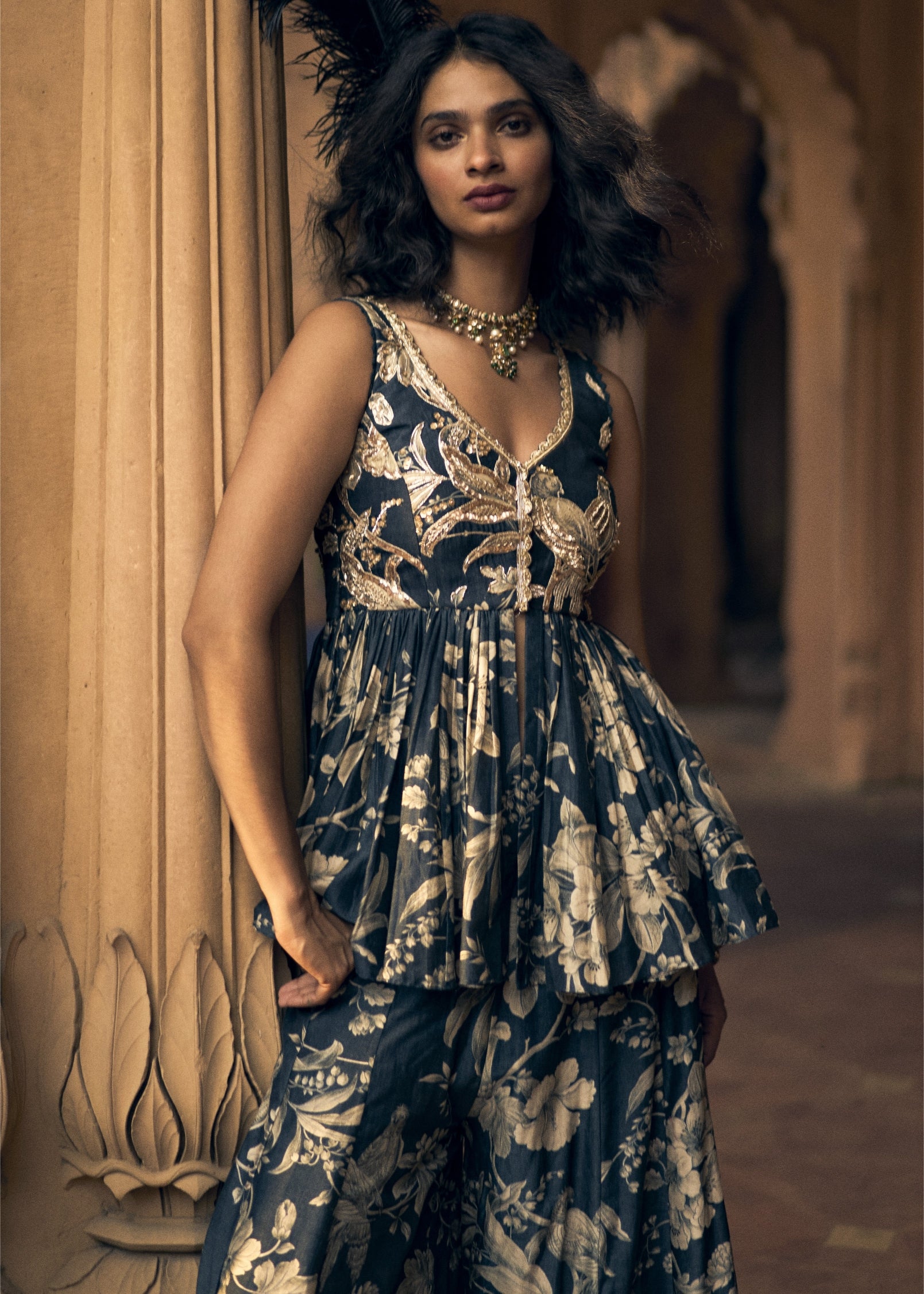 Navy Blue Floral Peplum Set