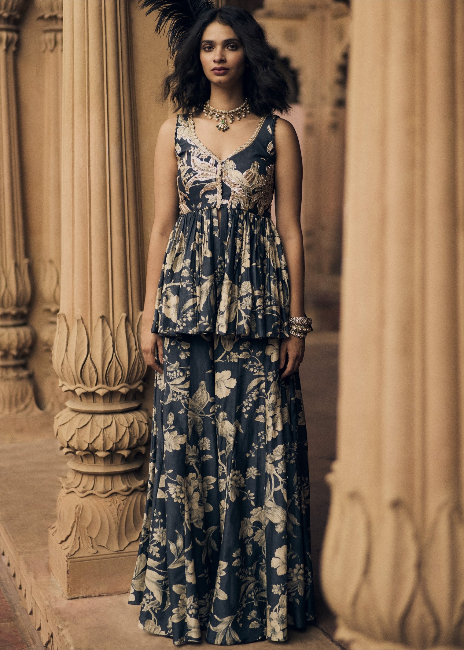 Navy Blue Floral Peplum Set