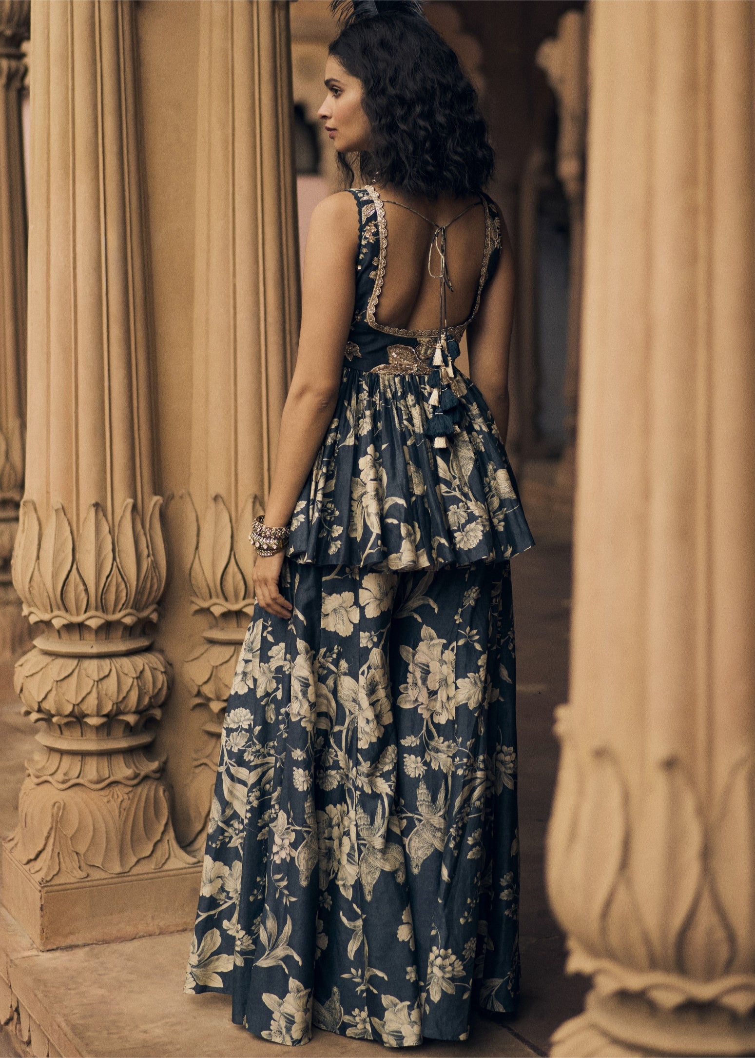 Navy Blue Floral Peplum Set