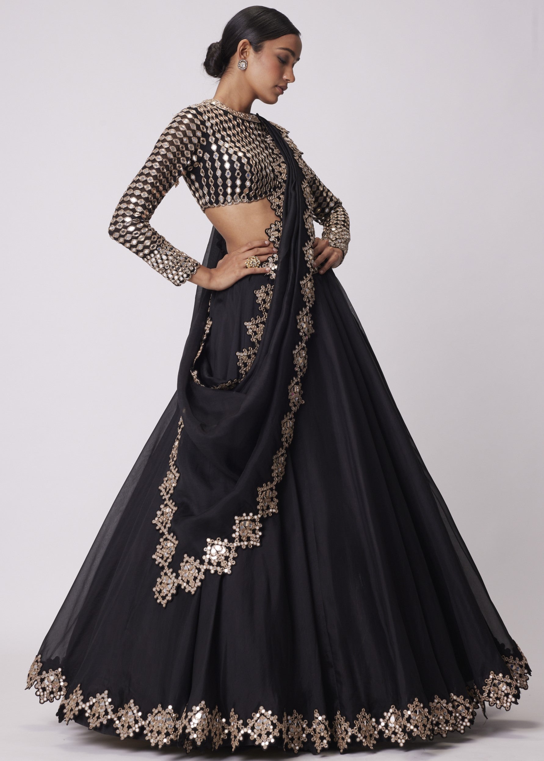 Black Organza Mirror Embroidered Lehenga Set