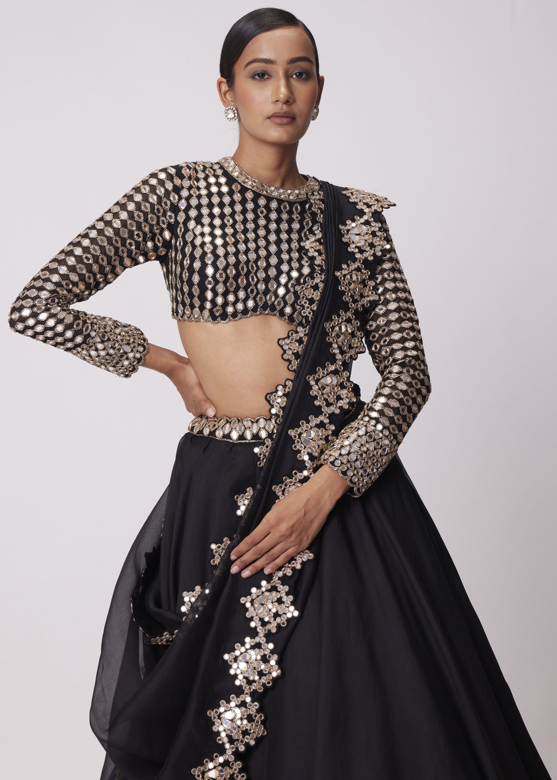 Black Organza Mirror Embroidered Lehenga Set