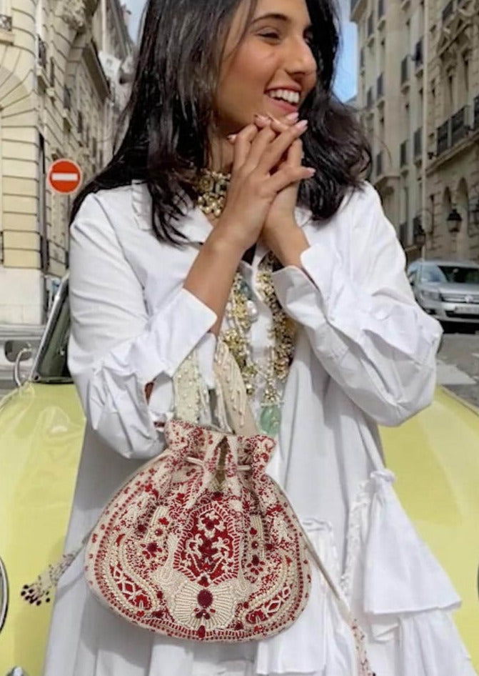 Bijoux Potli Pristine Ivory Ruby Red Potli