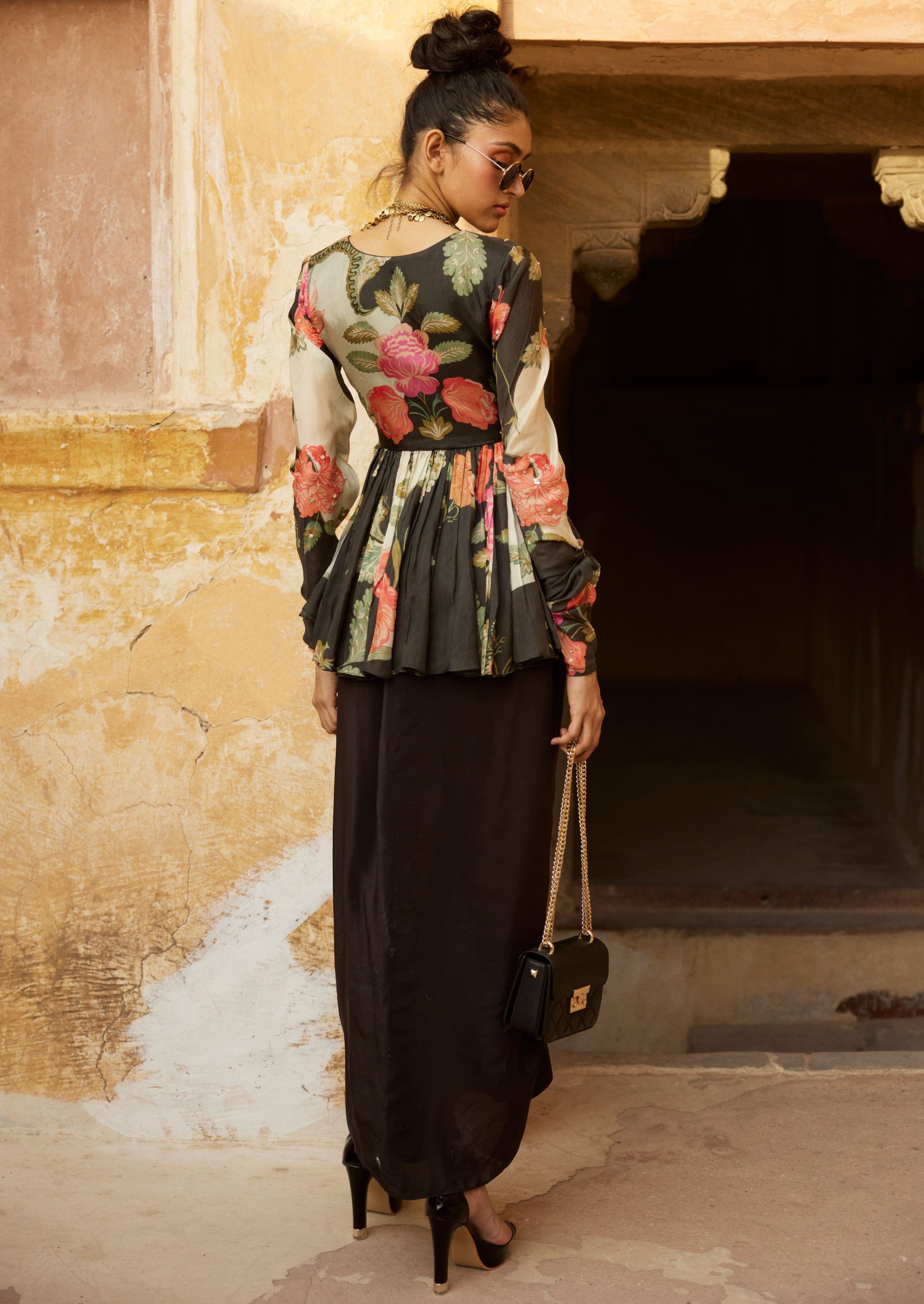 Black Floral Print Peplum Skirt Set