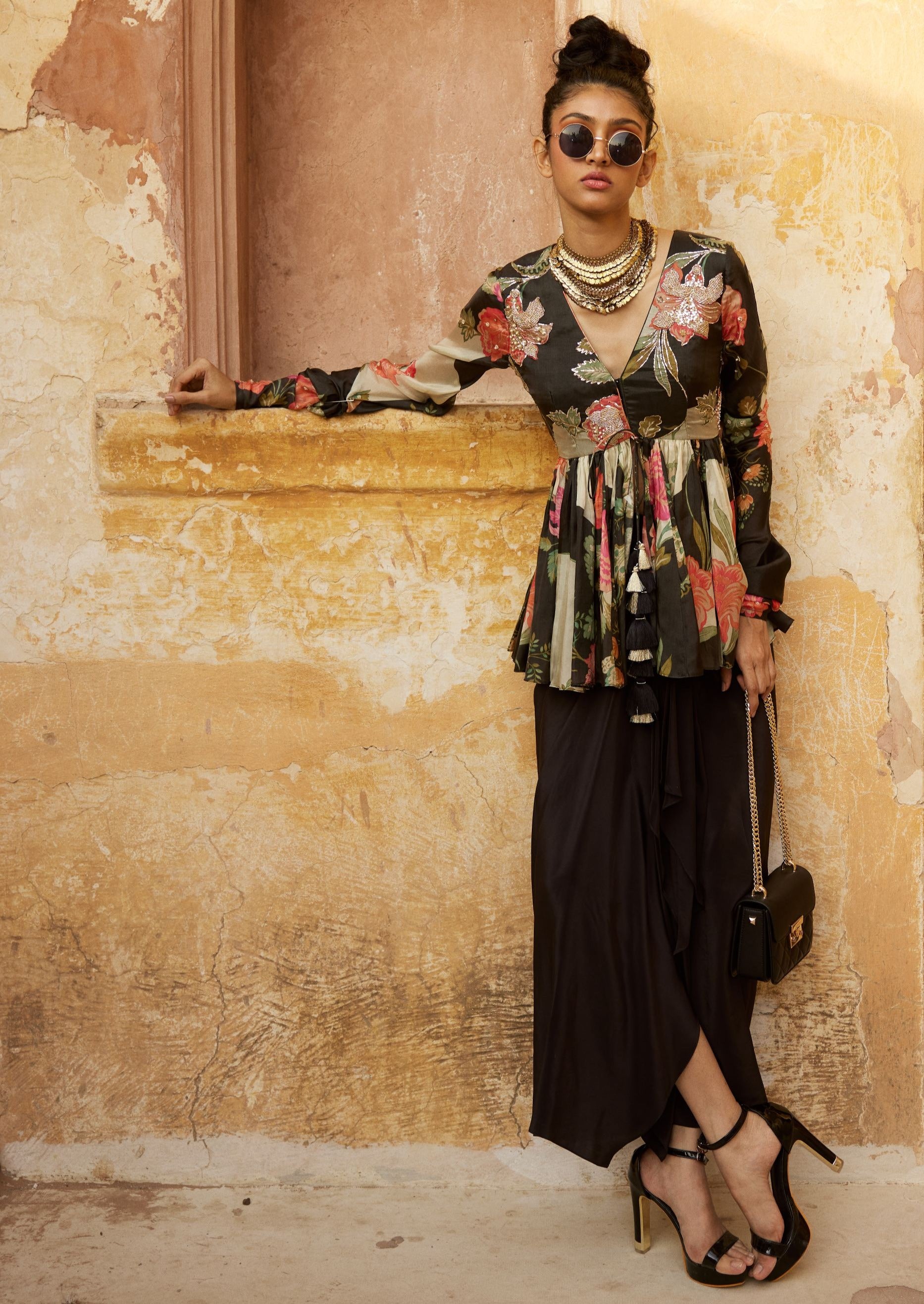 Black Floral Print Peplum Skirt Set