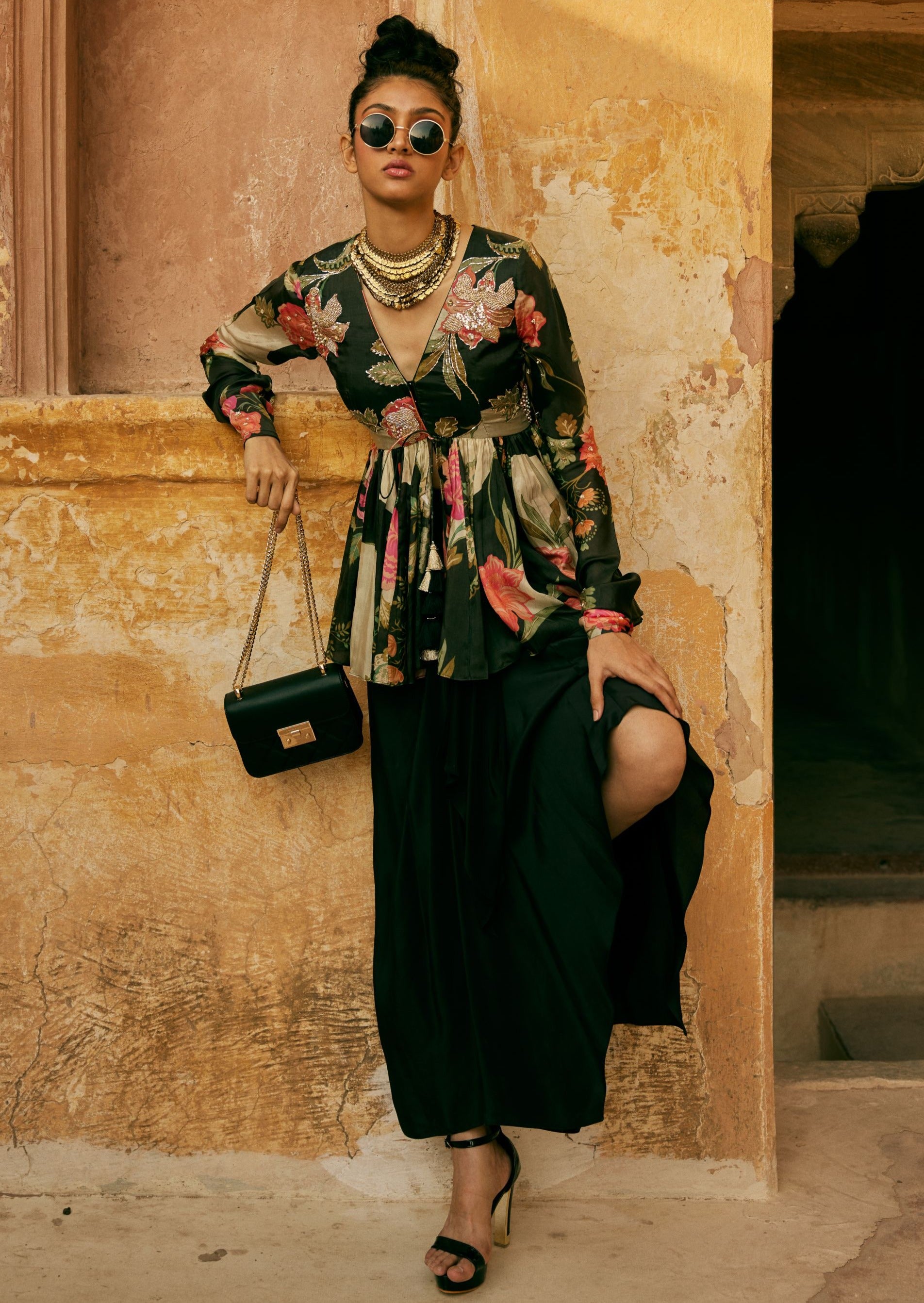 Black Floral Print Peplum Skirt Set