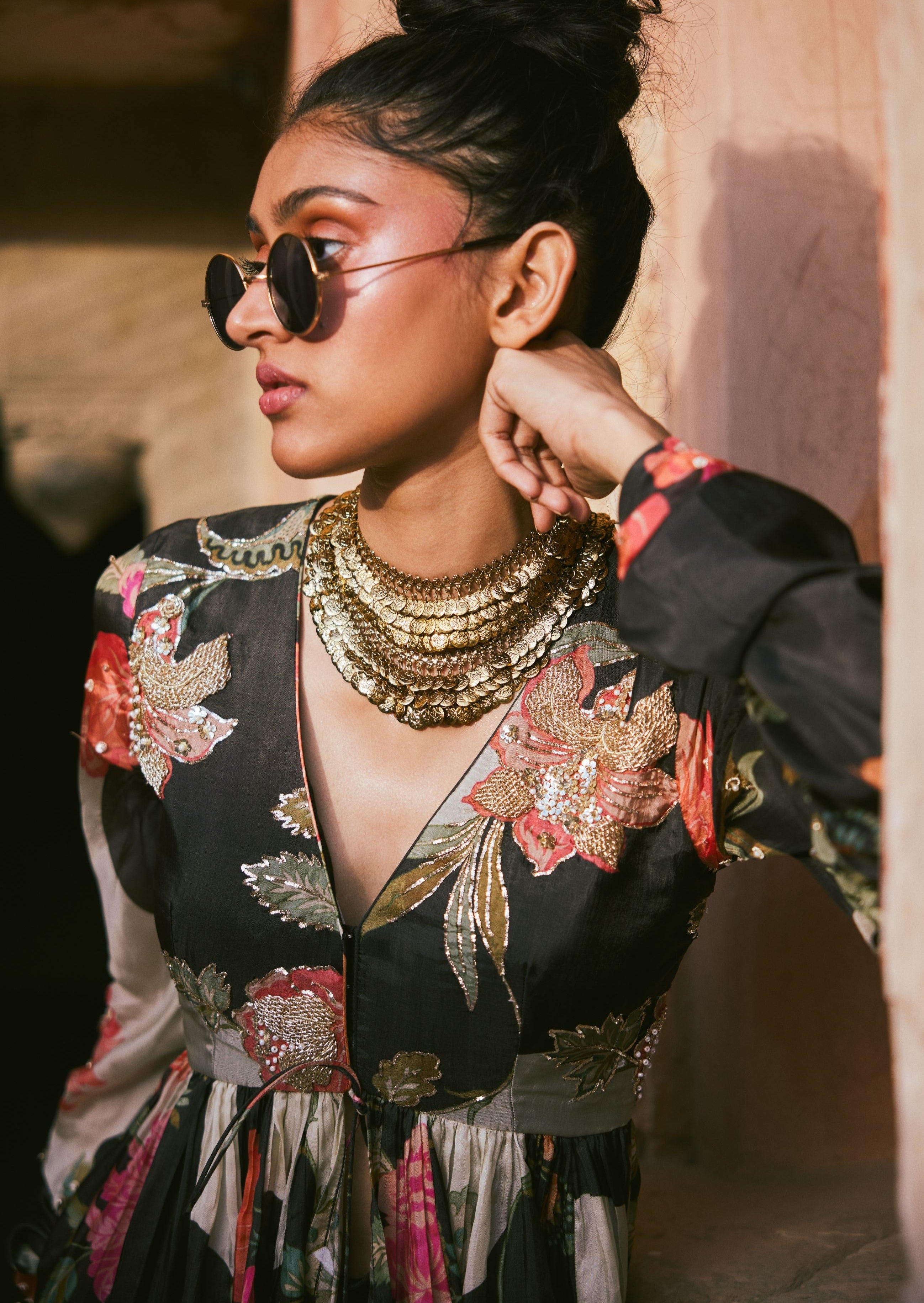 Black Floral Print Peplum Skirt Set