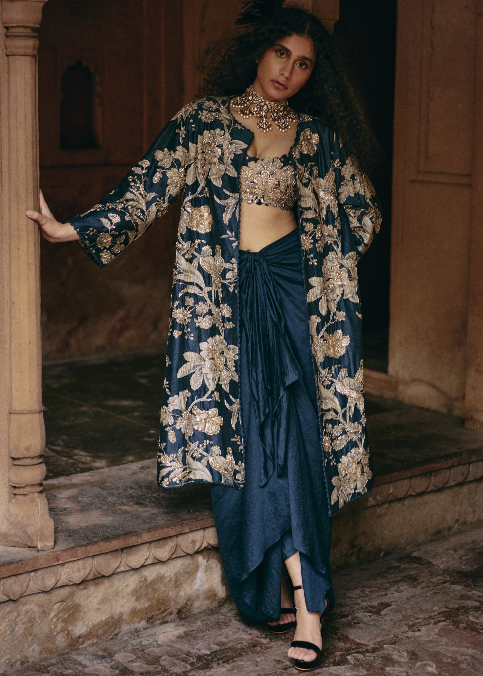 Blue Floral Print Jacket With Skirt Set