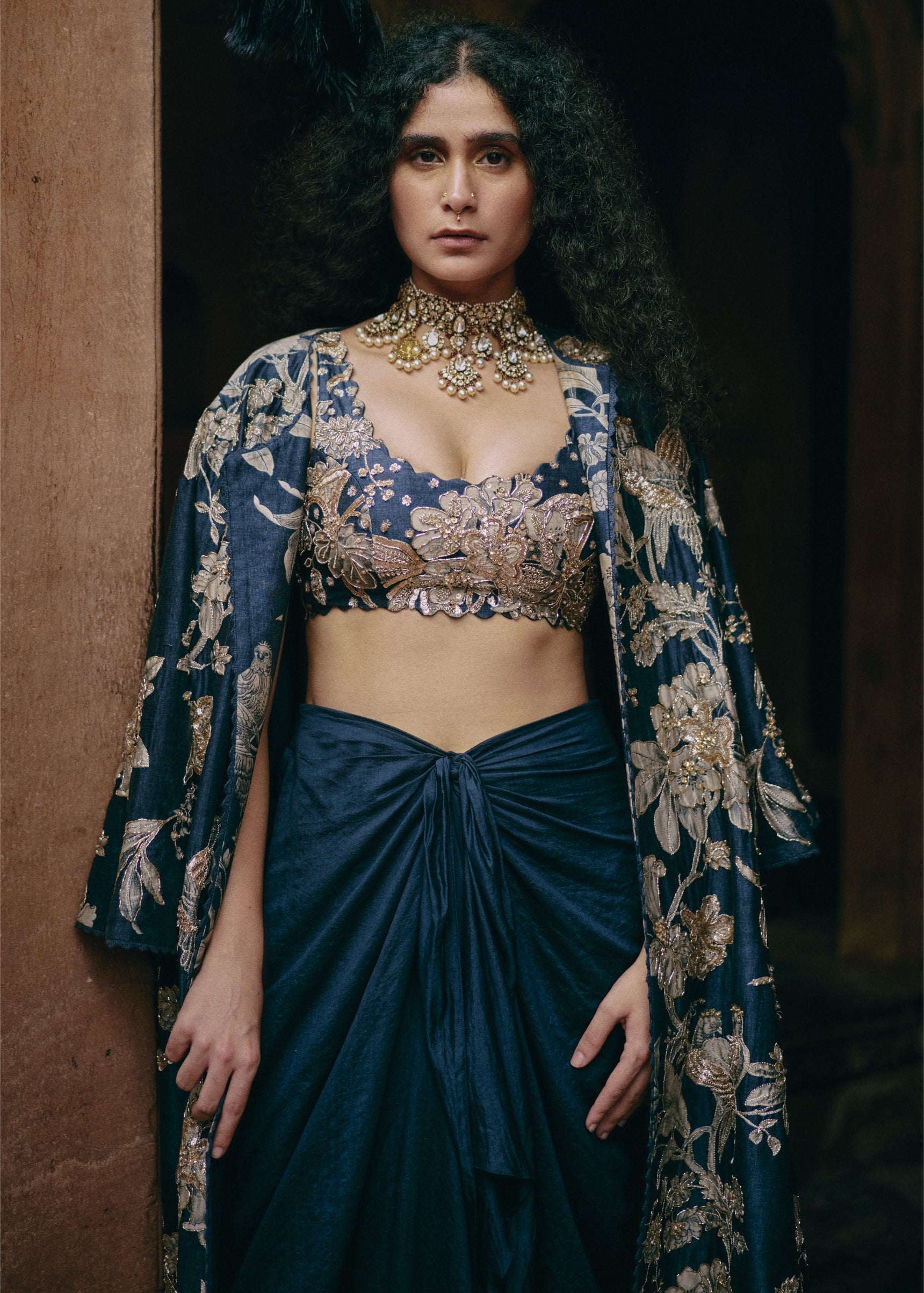 Blue Floral Print Jacket With Skirt Set