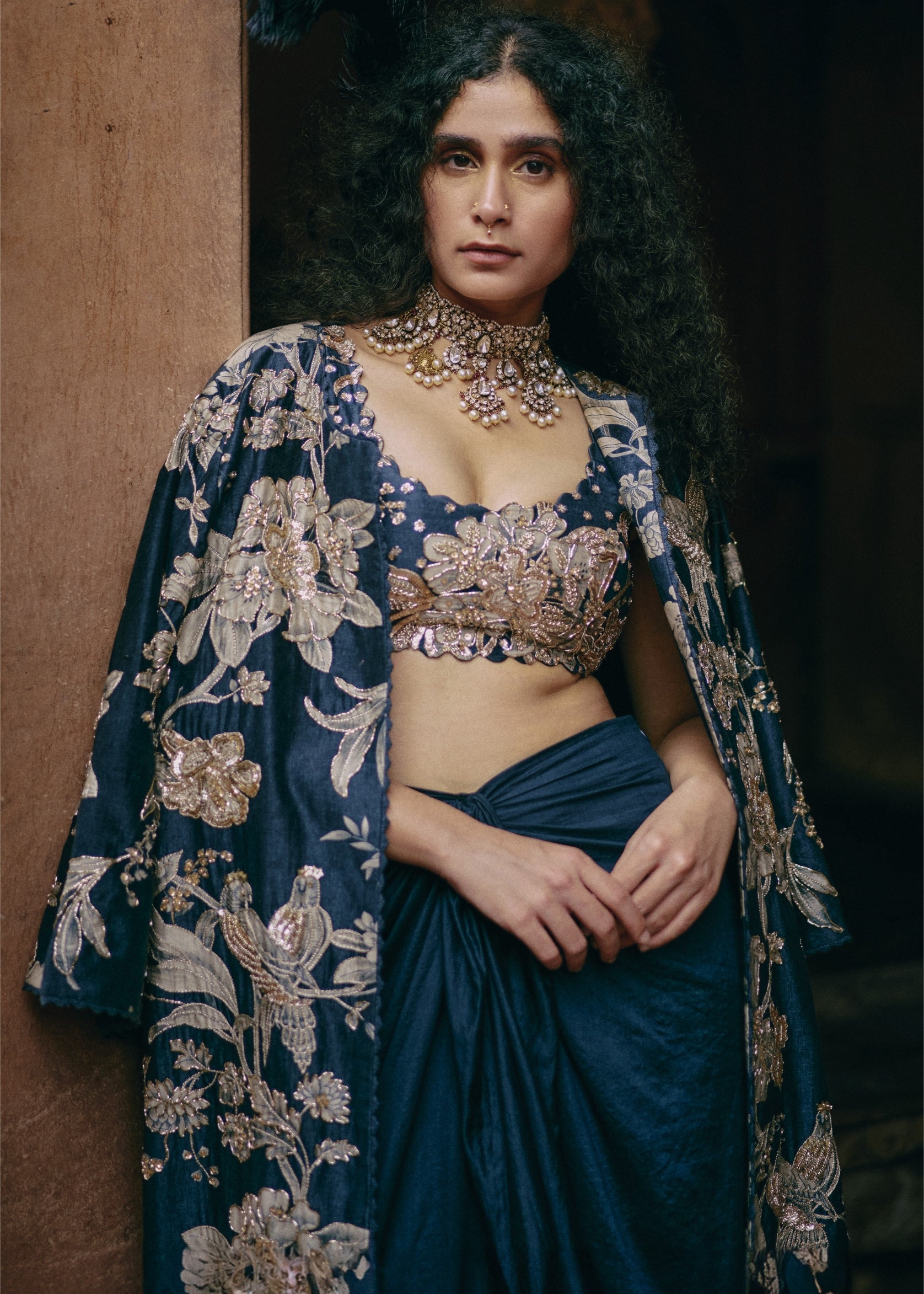 Blue Floral Print Jacket With Skirt Set