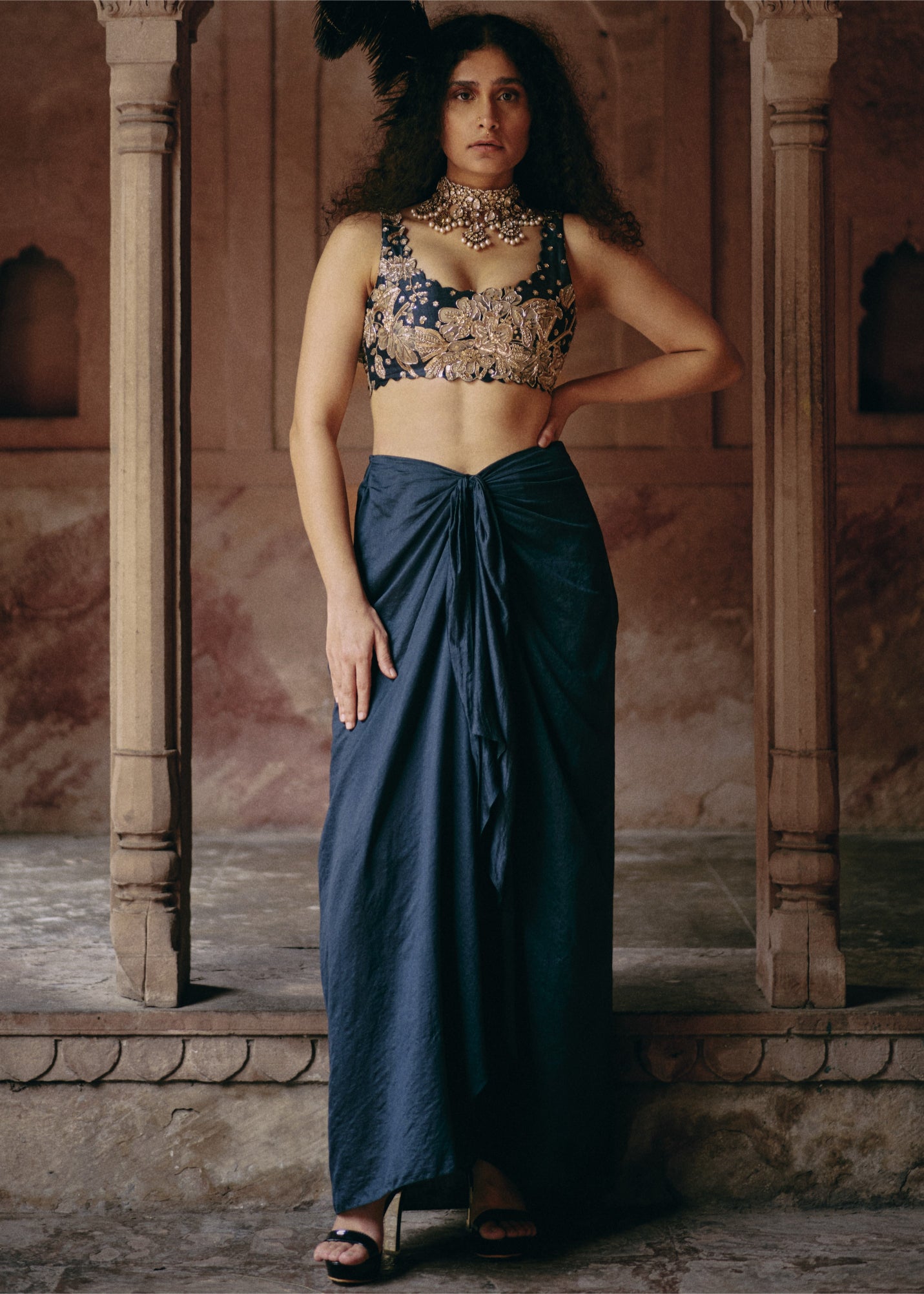 Blue Floral Print Jacket With Skirt Set