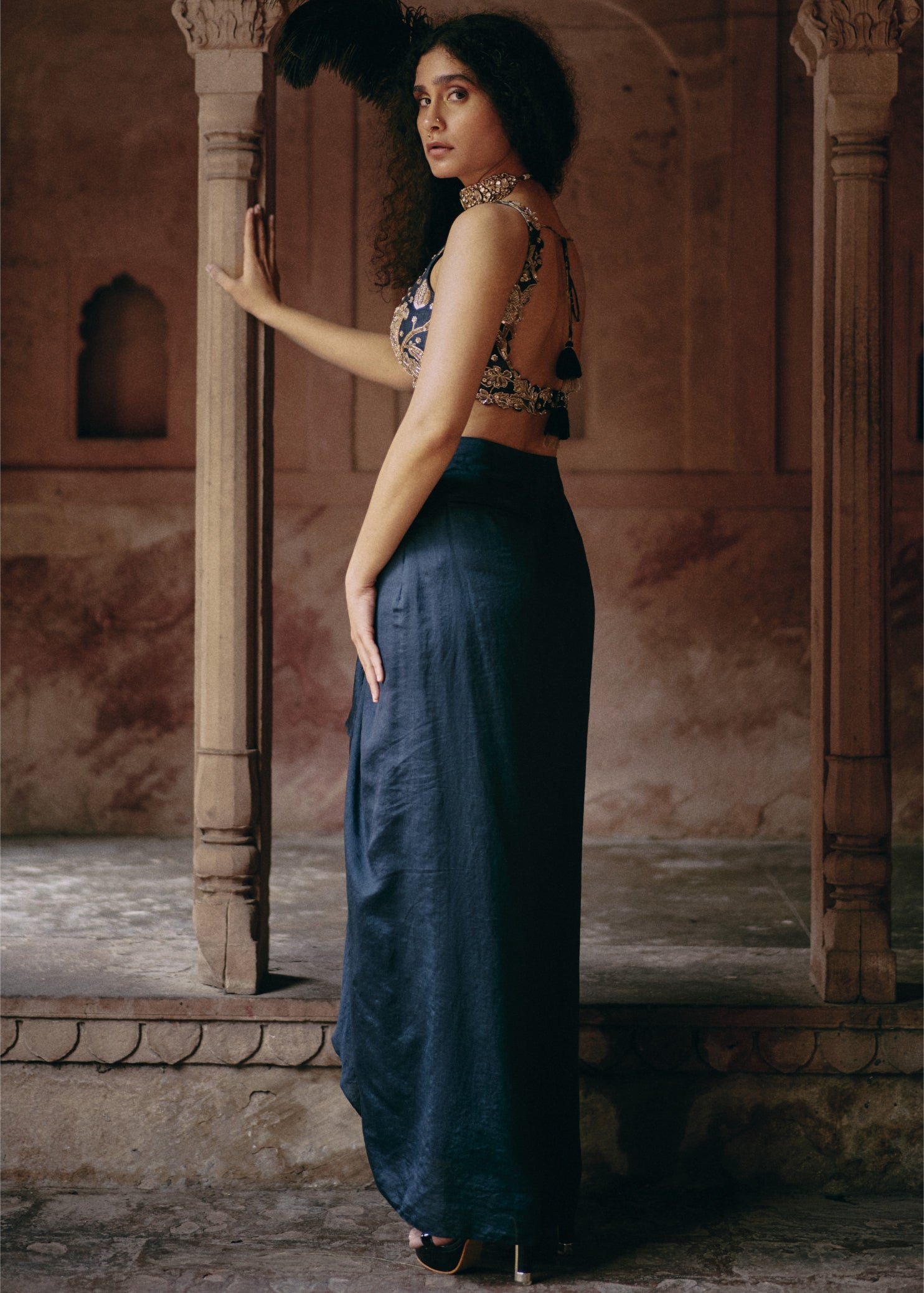 Blue Floral Print Jacket With Skirt Set