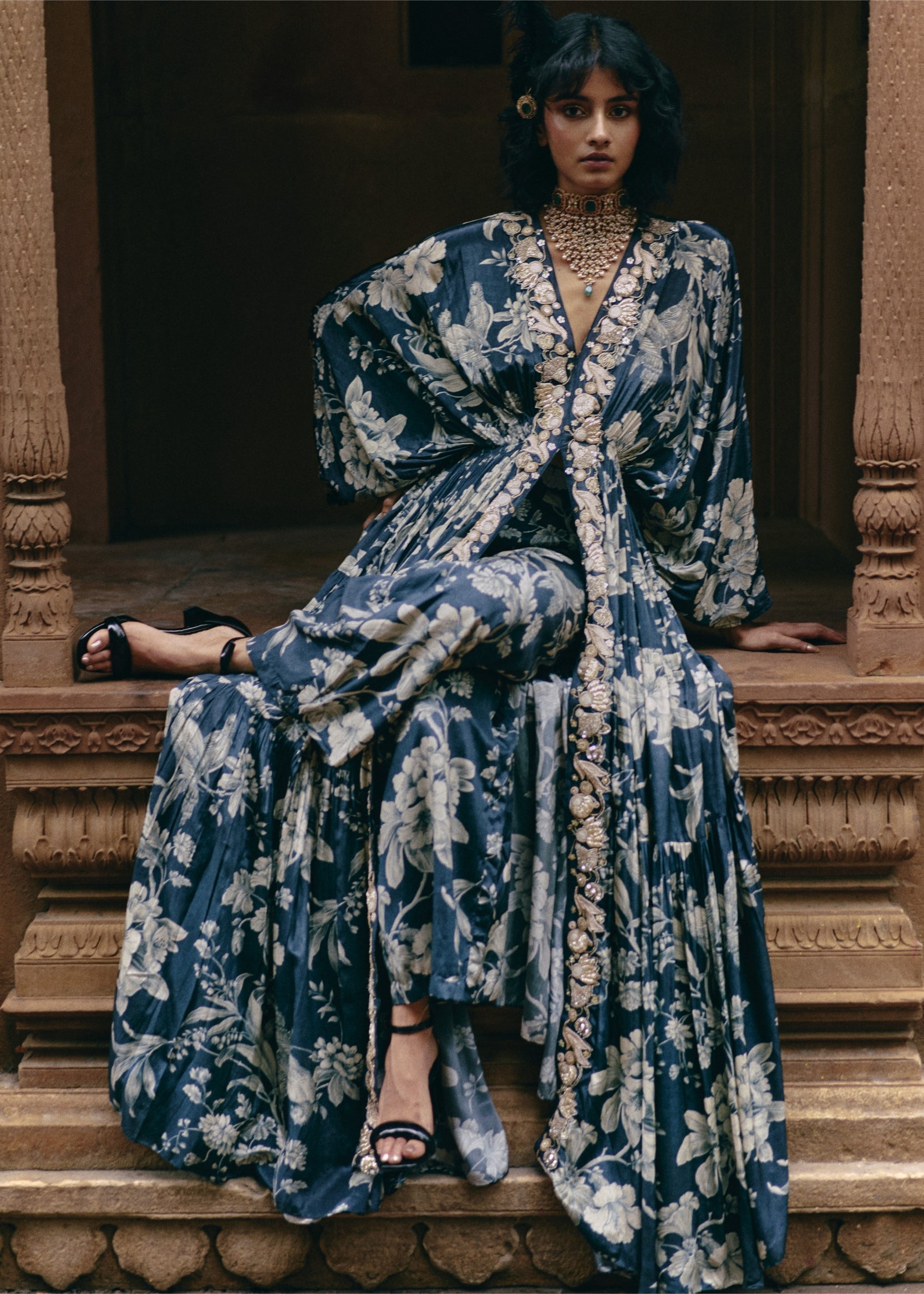Blue Floral Jaal Print Kaftan Set