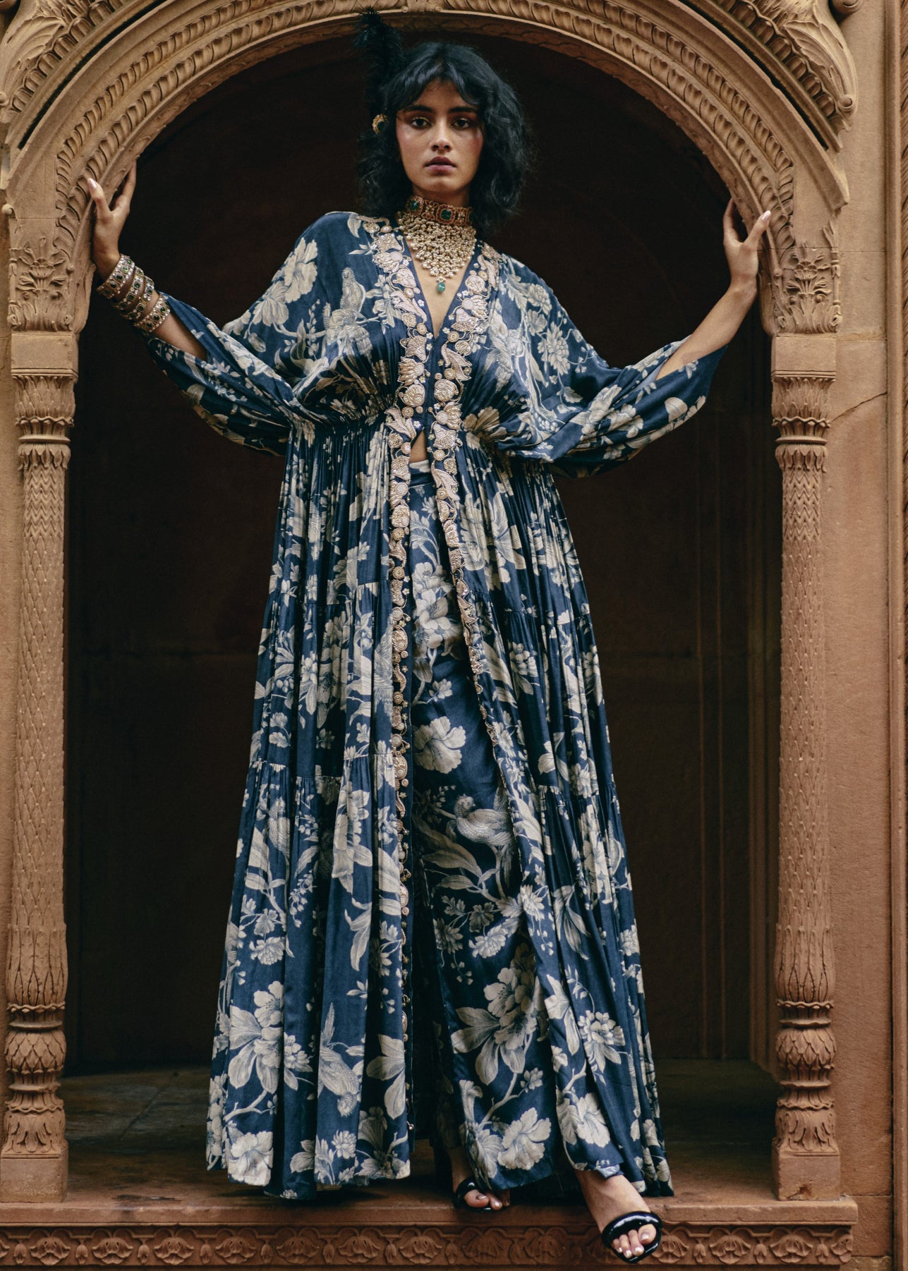 Blue Floral Jaal Print Kaftan Set