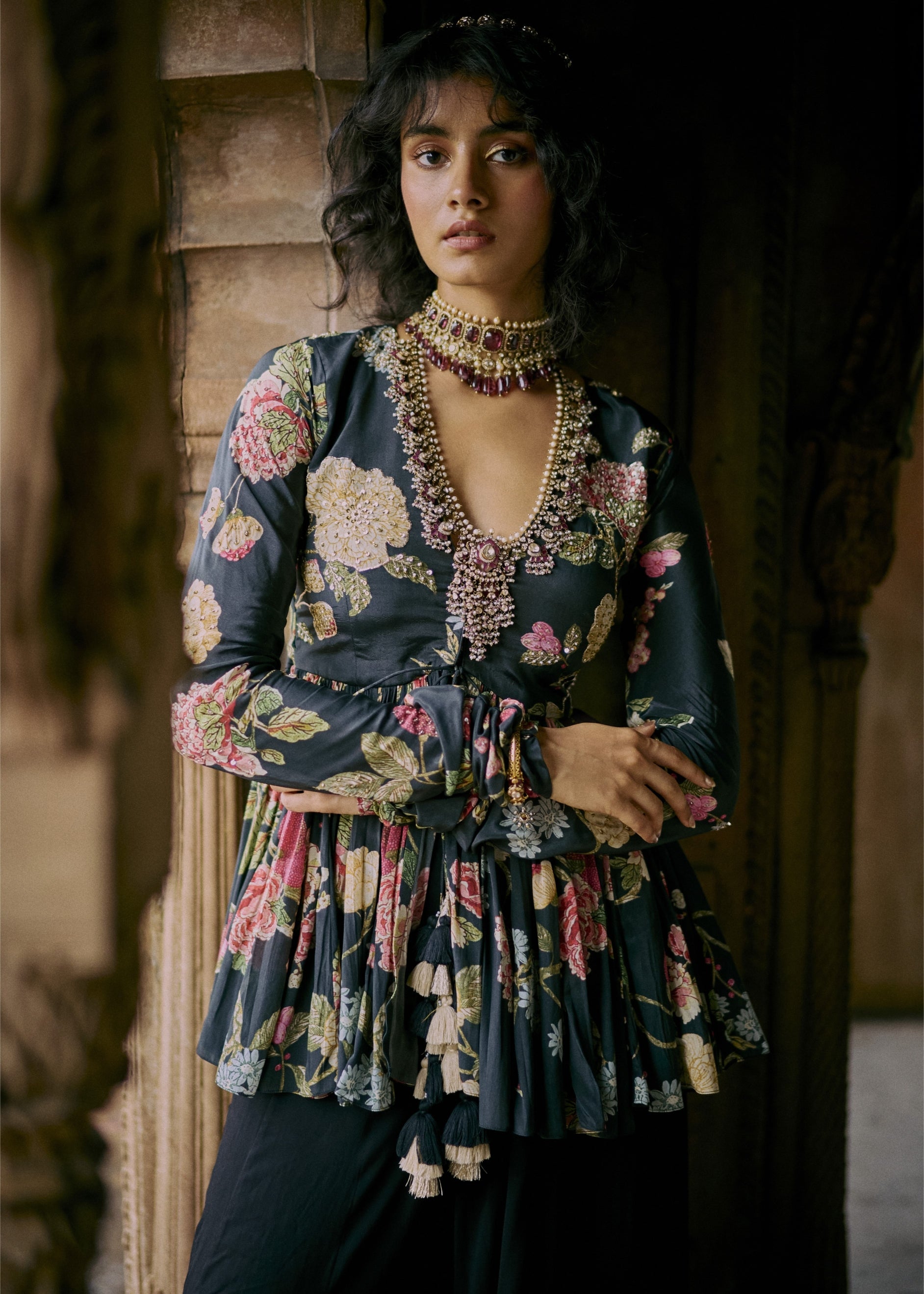 Black Floral Print Peplum Set