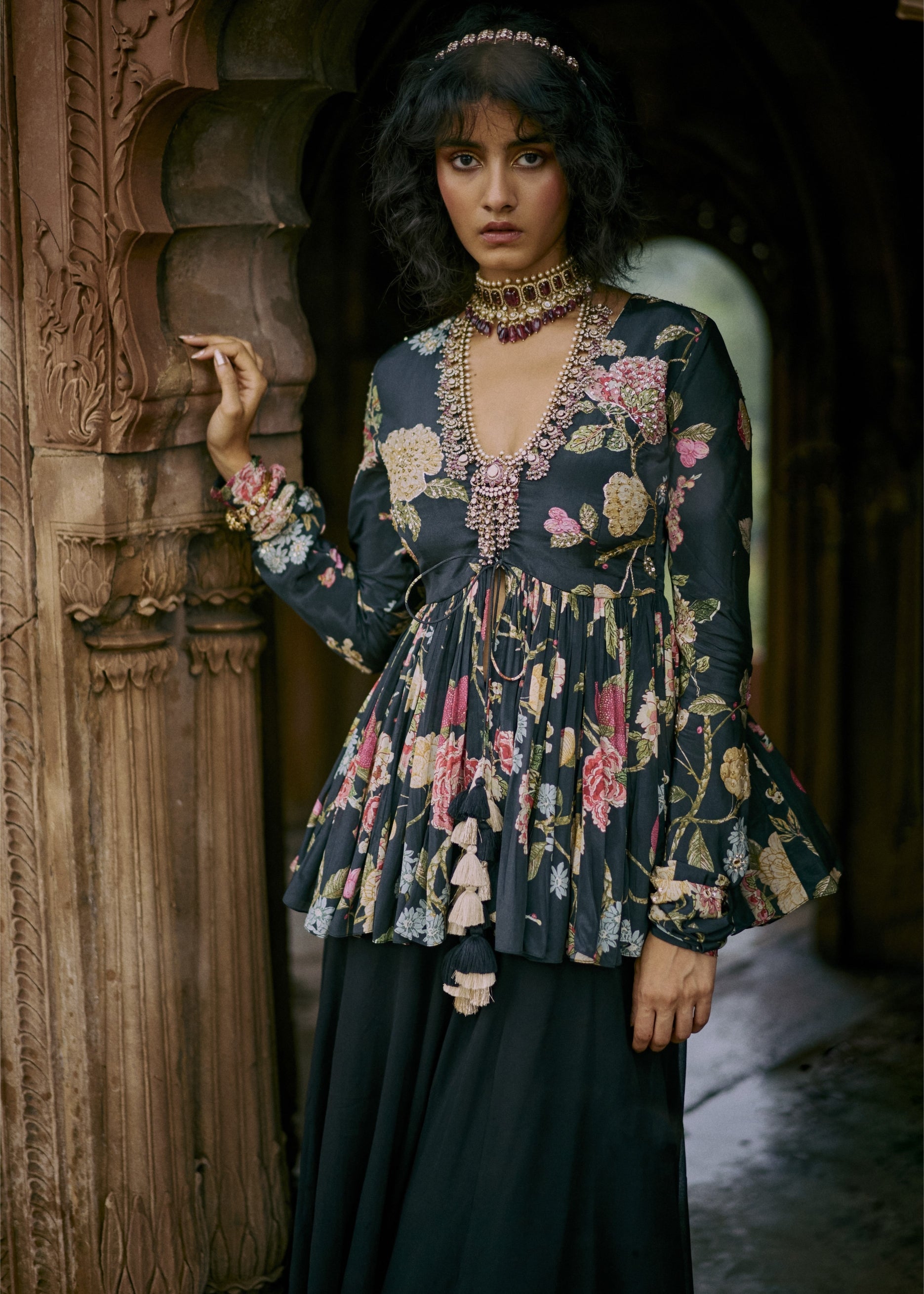 Black Floral Print Peplum Set