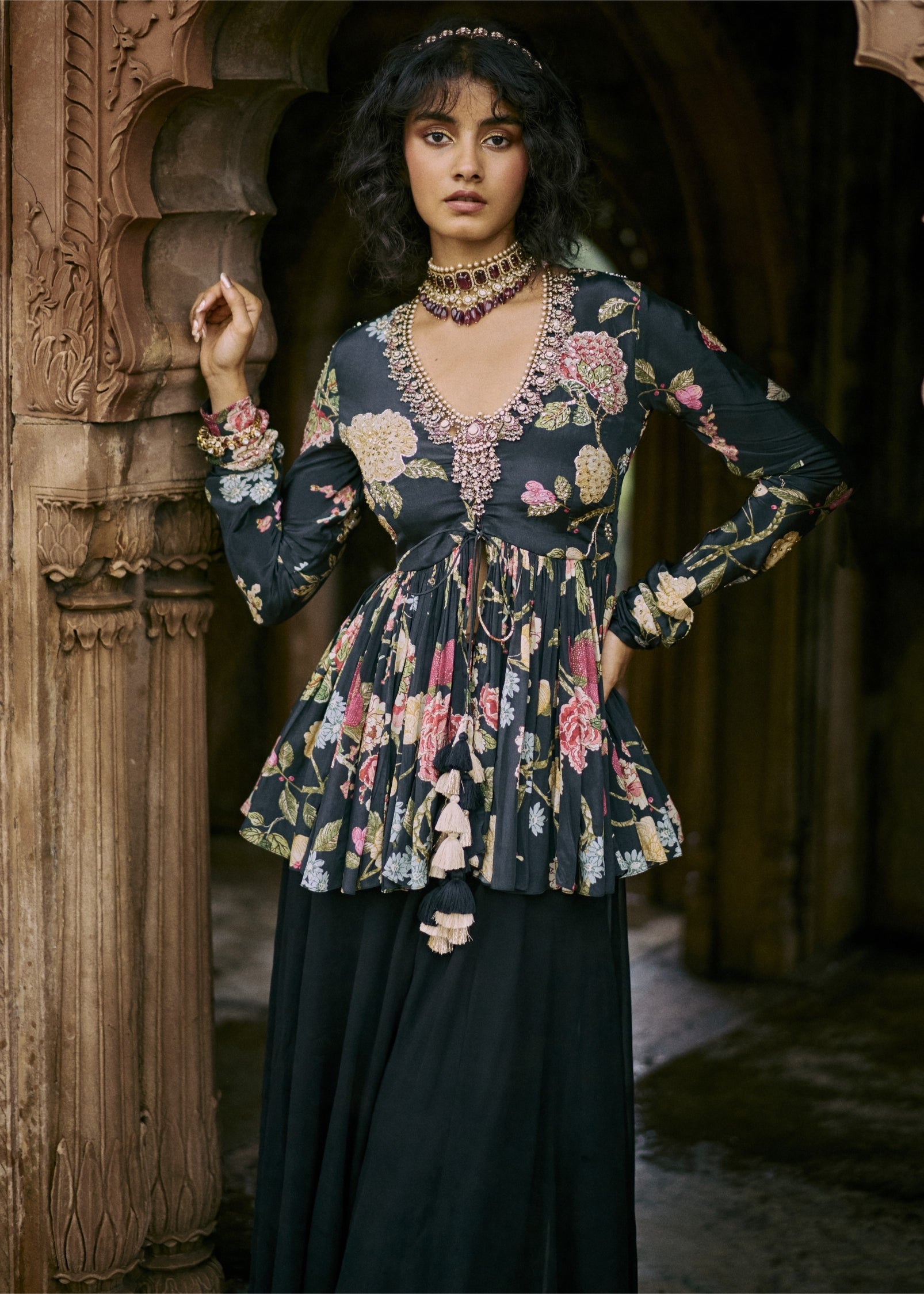 Black Floral Print Peplum Set